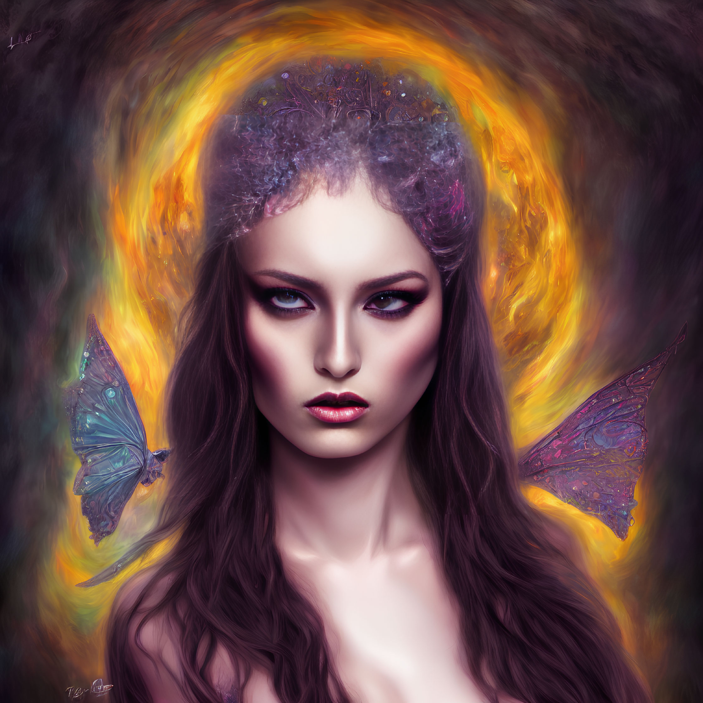 Digital portrait of a woman with butterfly wings for ears and intense eyes on fiery abstract background