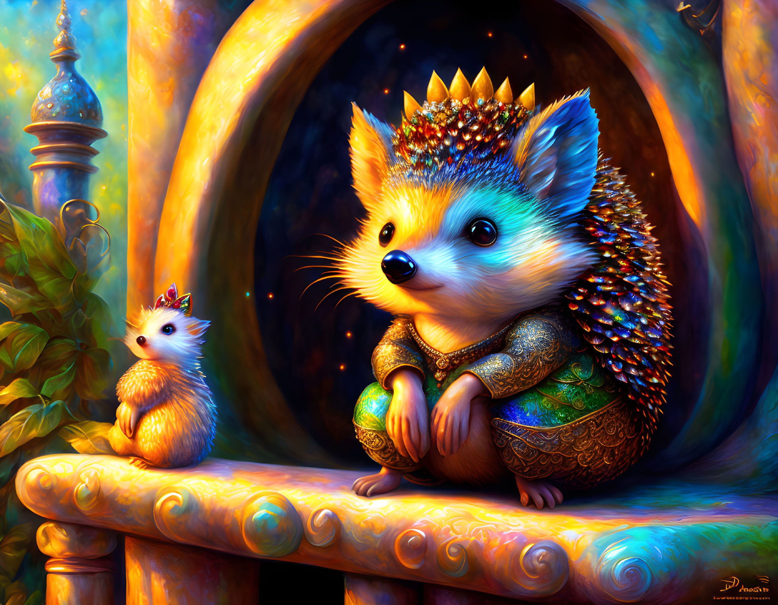 Regal large and small hedgehogs near ornate window with warm light