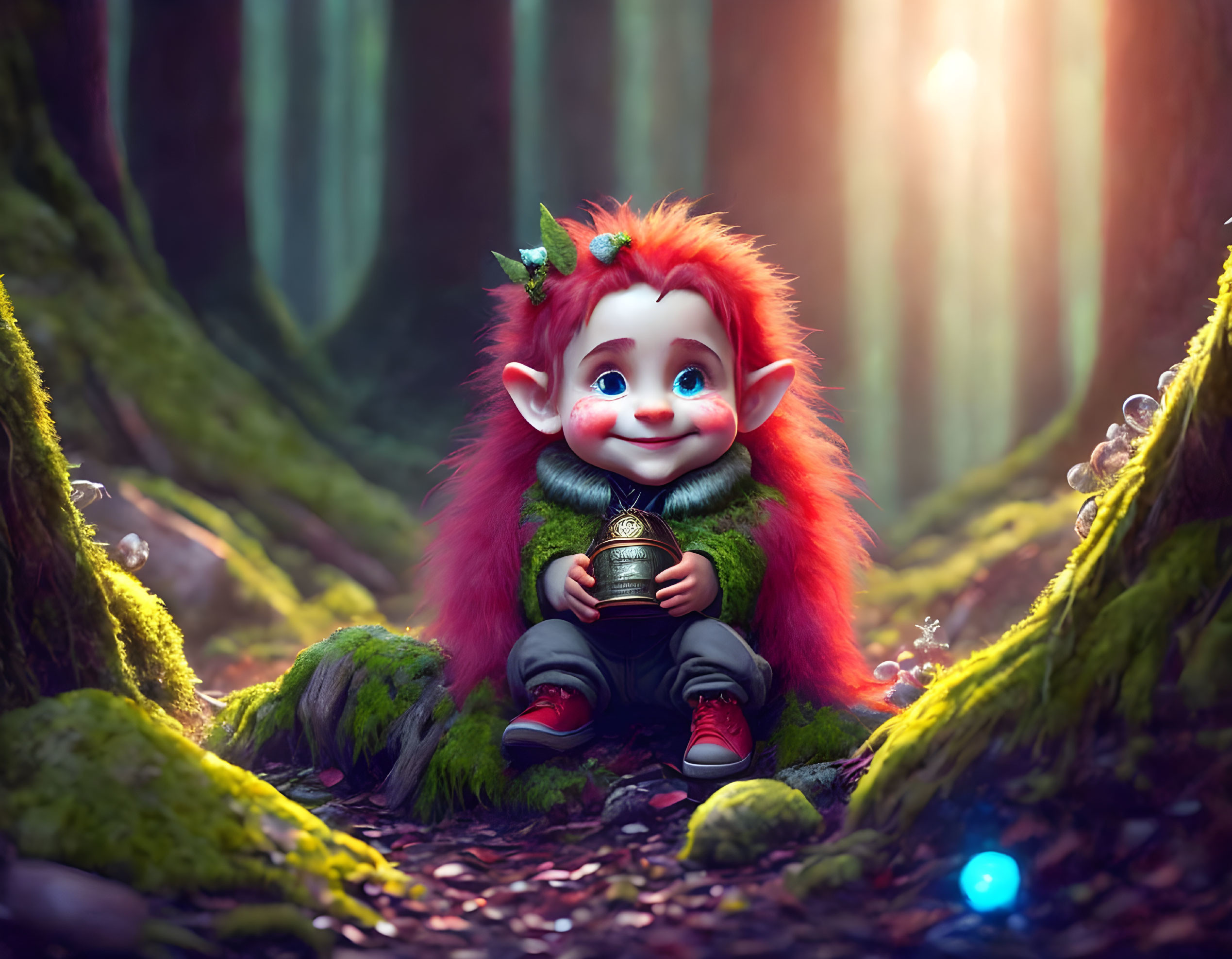 Red-Haired Animated Character in Mystical Forest with Pot