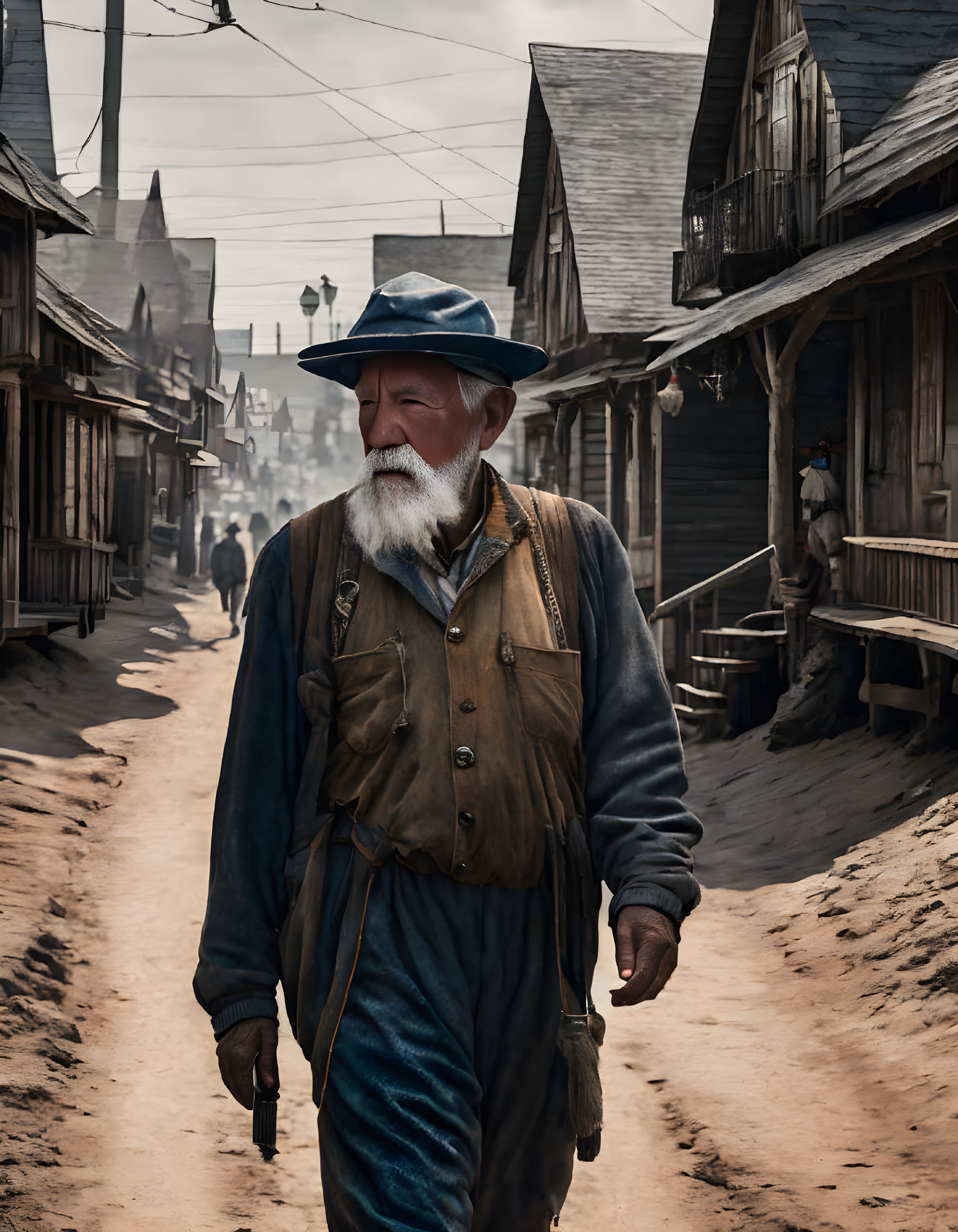 Elderly man with white beard in blue attire walking on old-time street