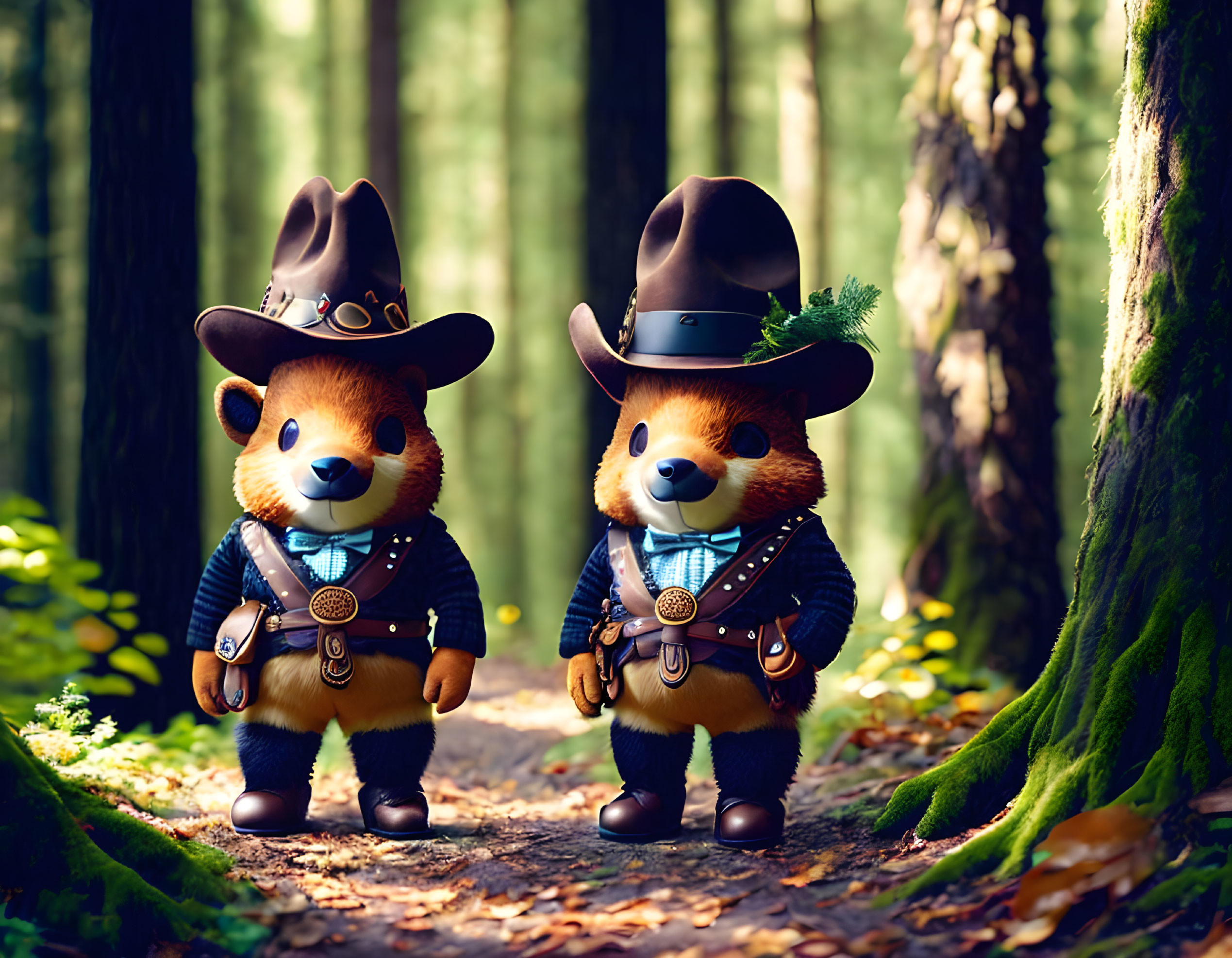 Cowboy-themed teddy bears on forest path with sunlight filtering through trees