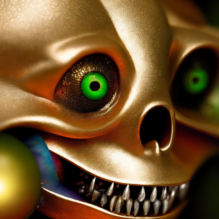 Golden mask with green eyes and sharp teeth, macabre yet festive impression
