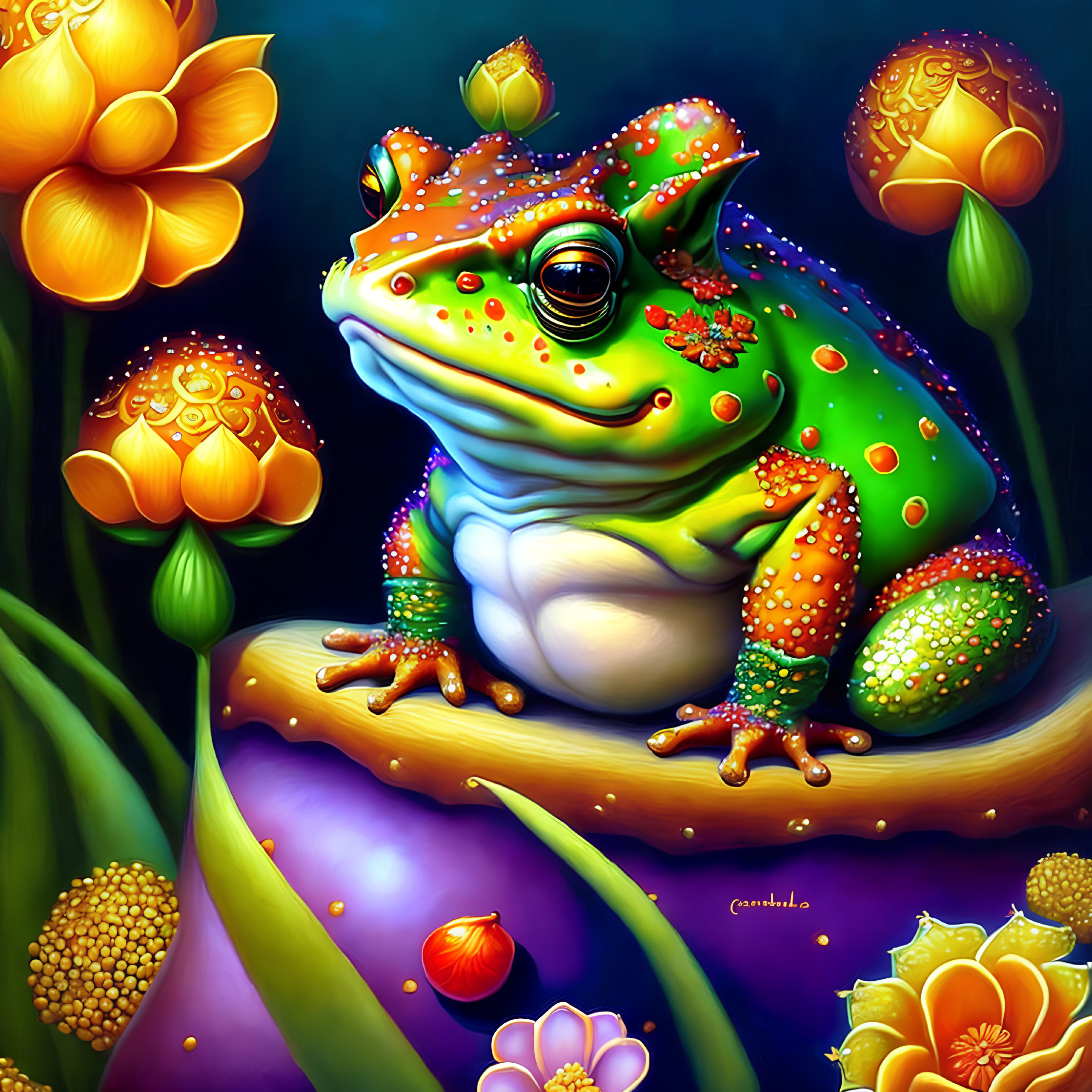 Colorful Frog on Leaf Surrounded by Luminous Flowers