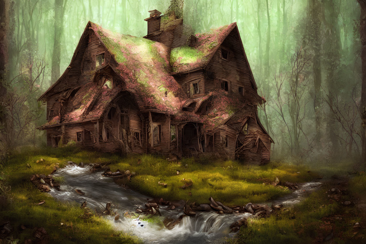 Dilapidated wooden house in mystical forest with stream