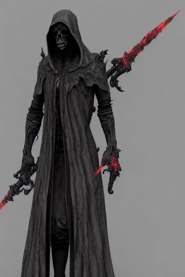 Hooded figure with skull mask holding glowing spear on grey background