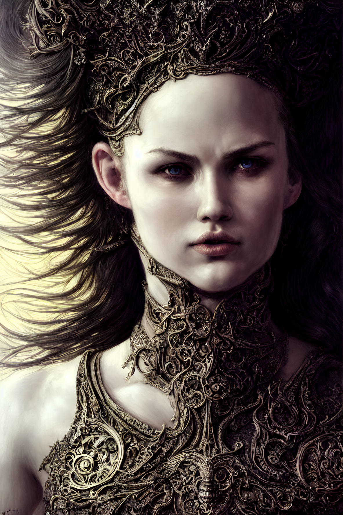 Detailed digital artwork: Woman in golden armor with elaborate headdress.