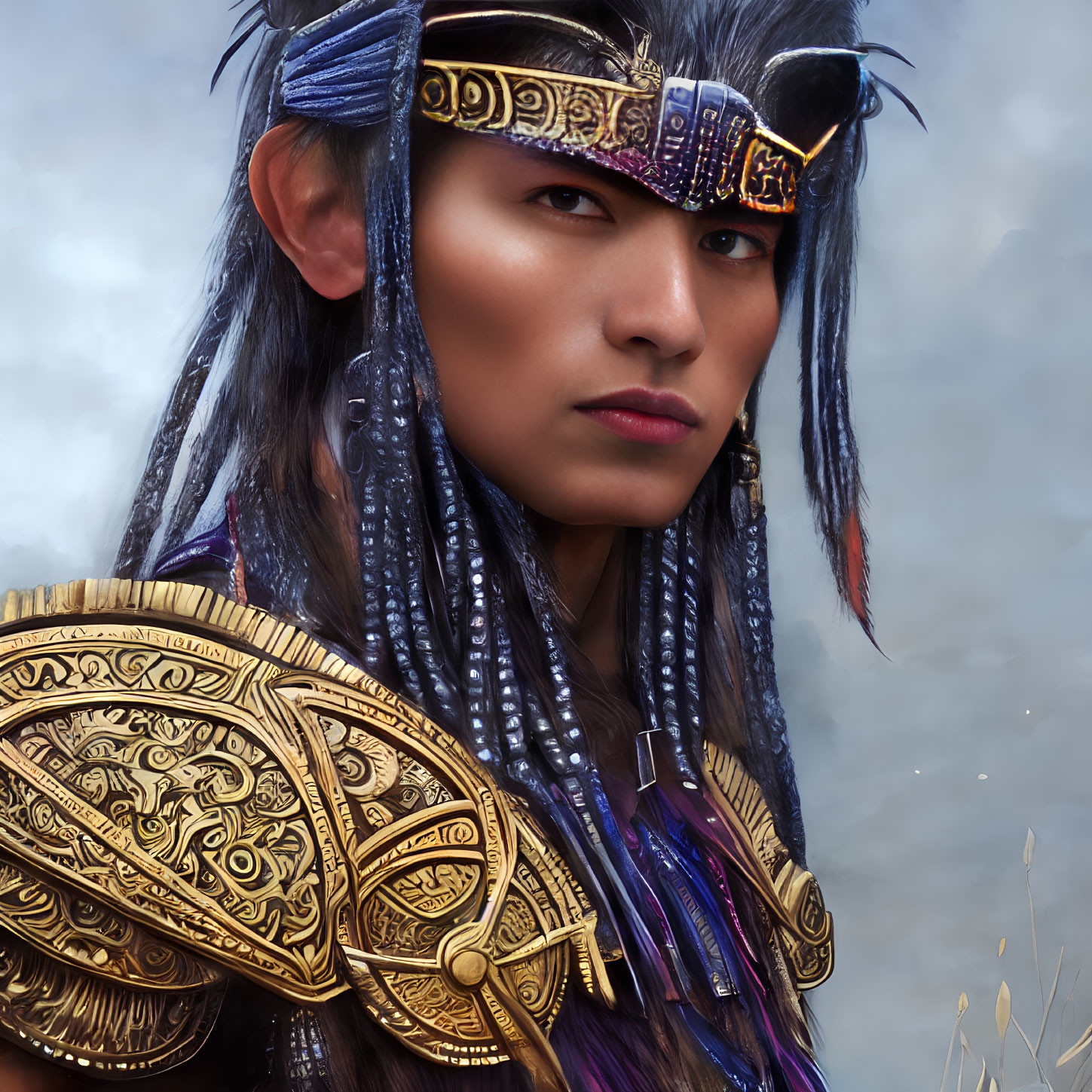 Male warrior digital artwork: blue braided hair, gold armor, feline headband, cloudy sky
