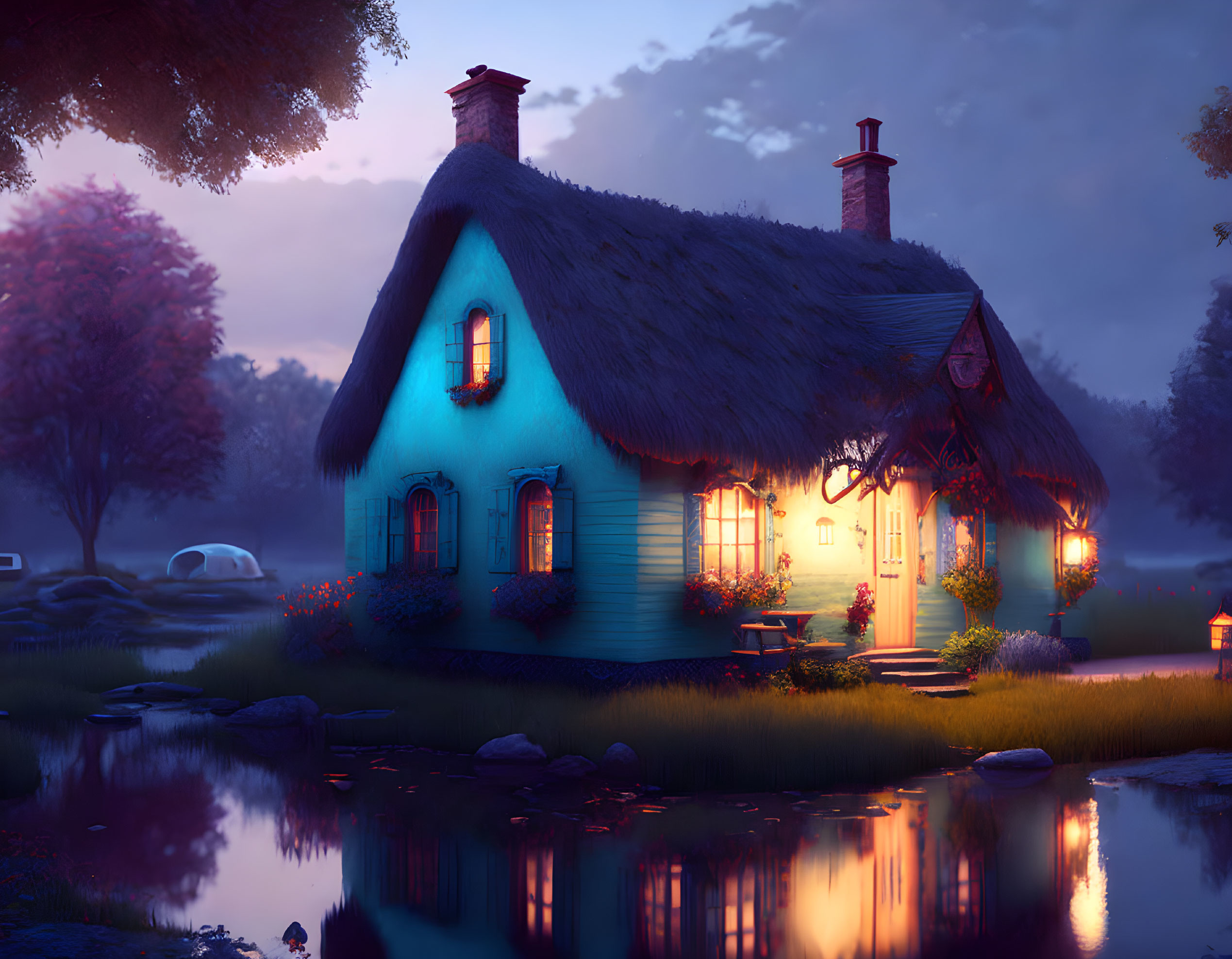 Twilight scene of thatched cottage with glowing windows, surrounded by trees and pond.