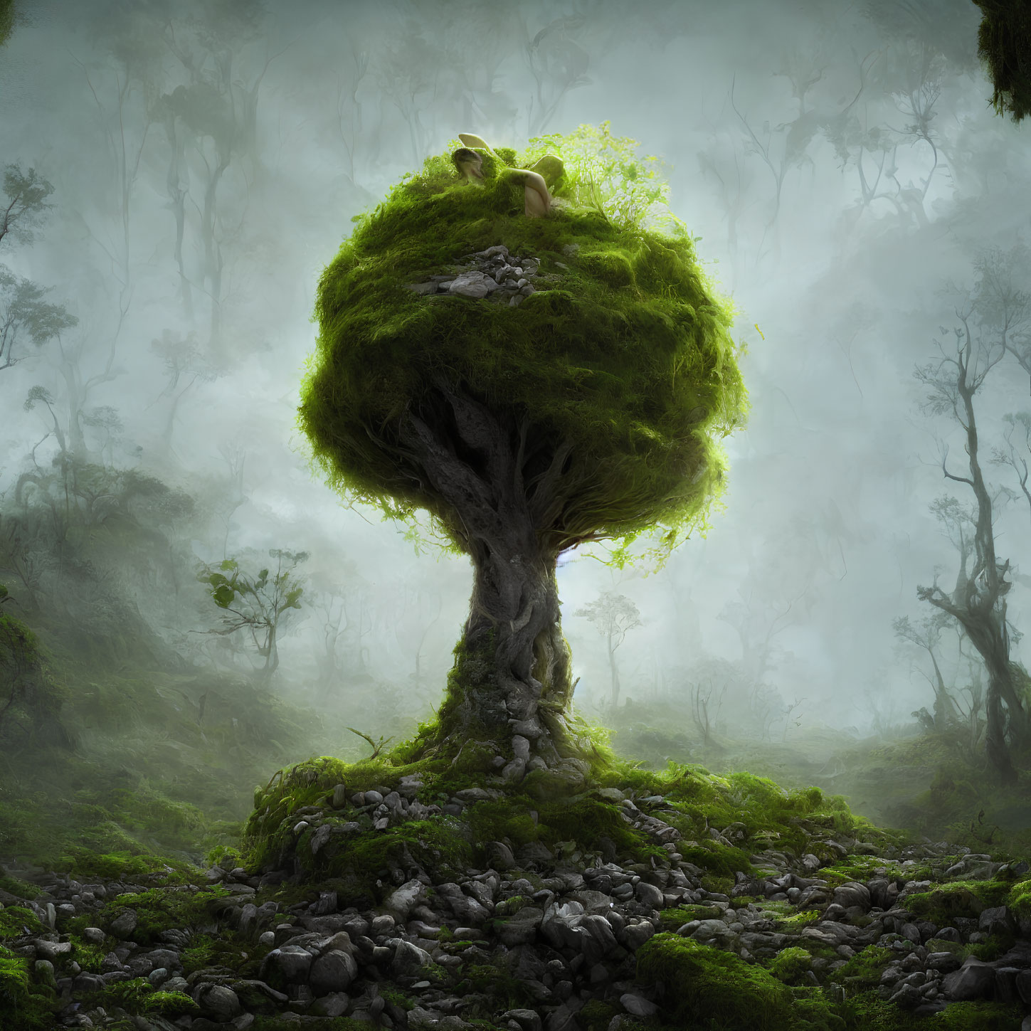 Mystical tree with moss-covered canopy in foggy forest