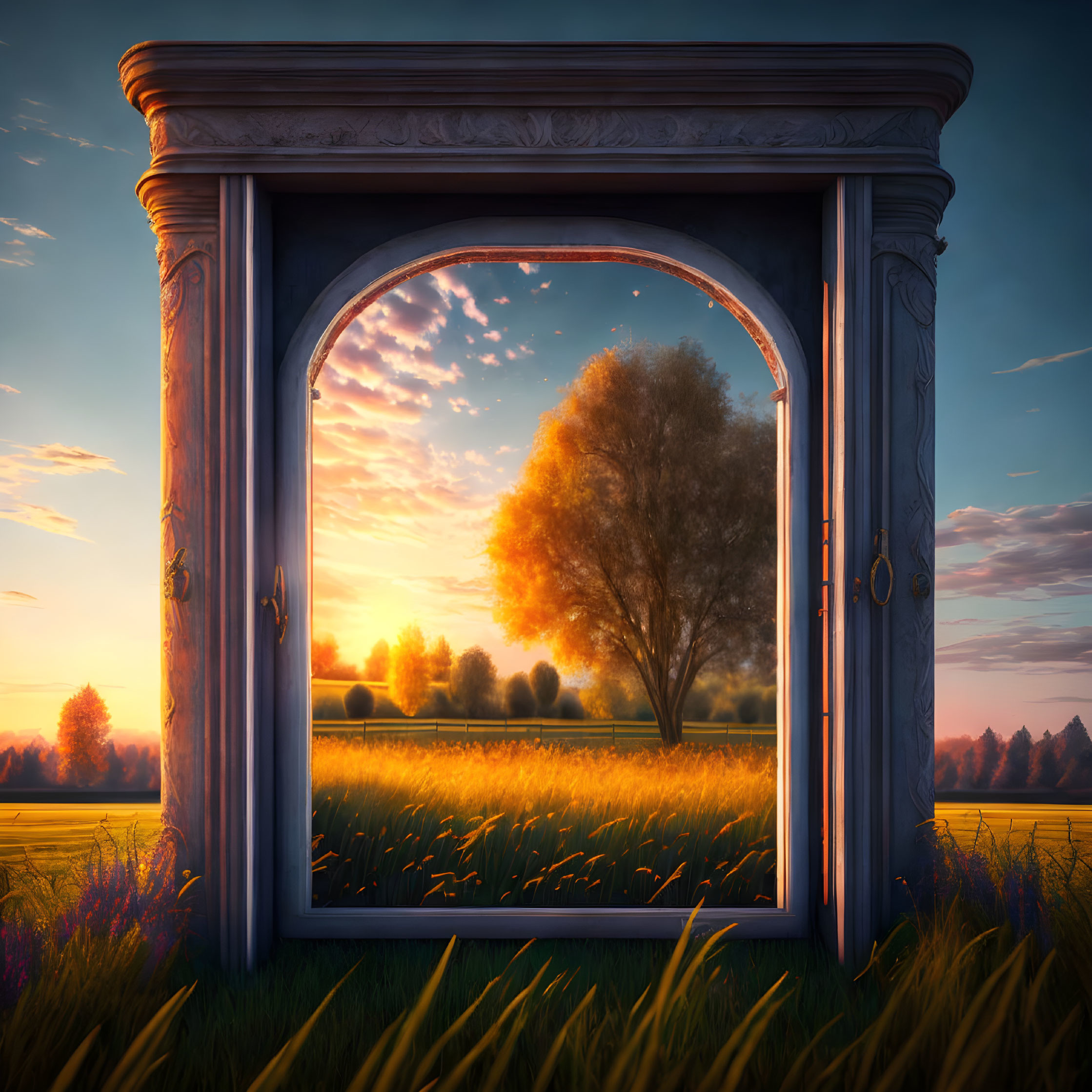 Ornate open window framing solitary tree at sunset