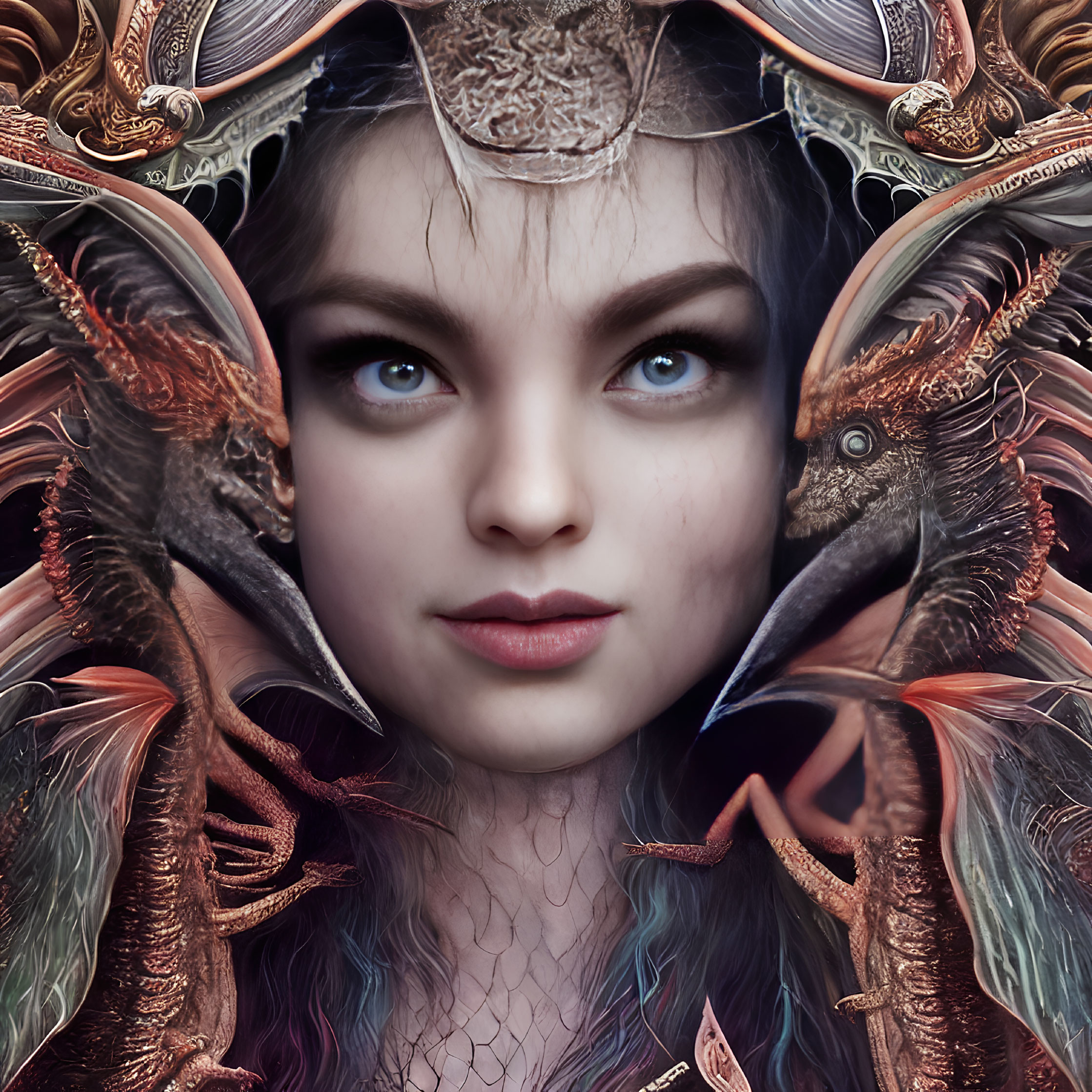 Intricate dragon-themed headdress on captivating woman artwork