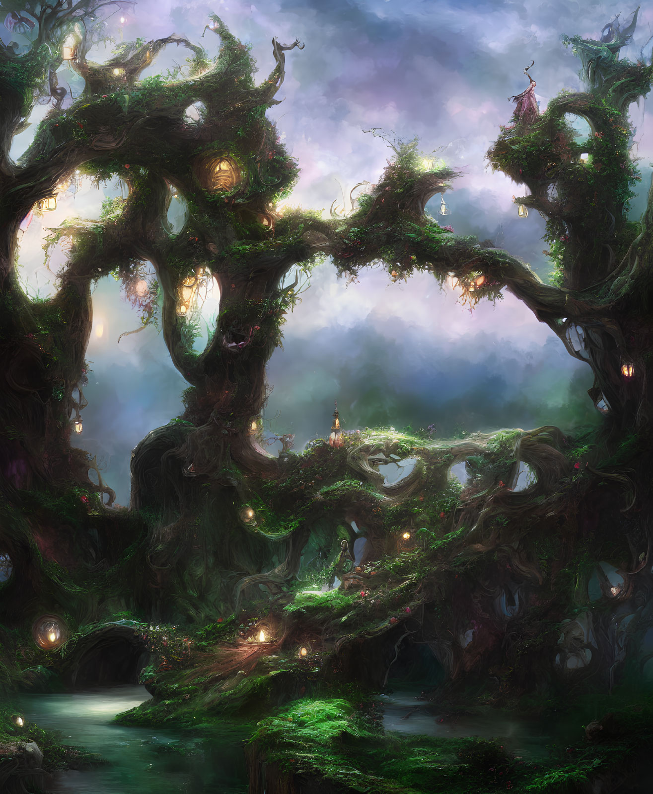 Enchanting forest with twisted trees, glowing orbs, and mystical sky