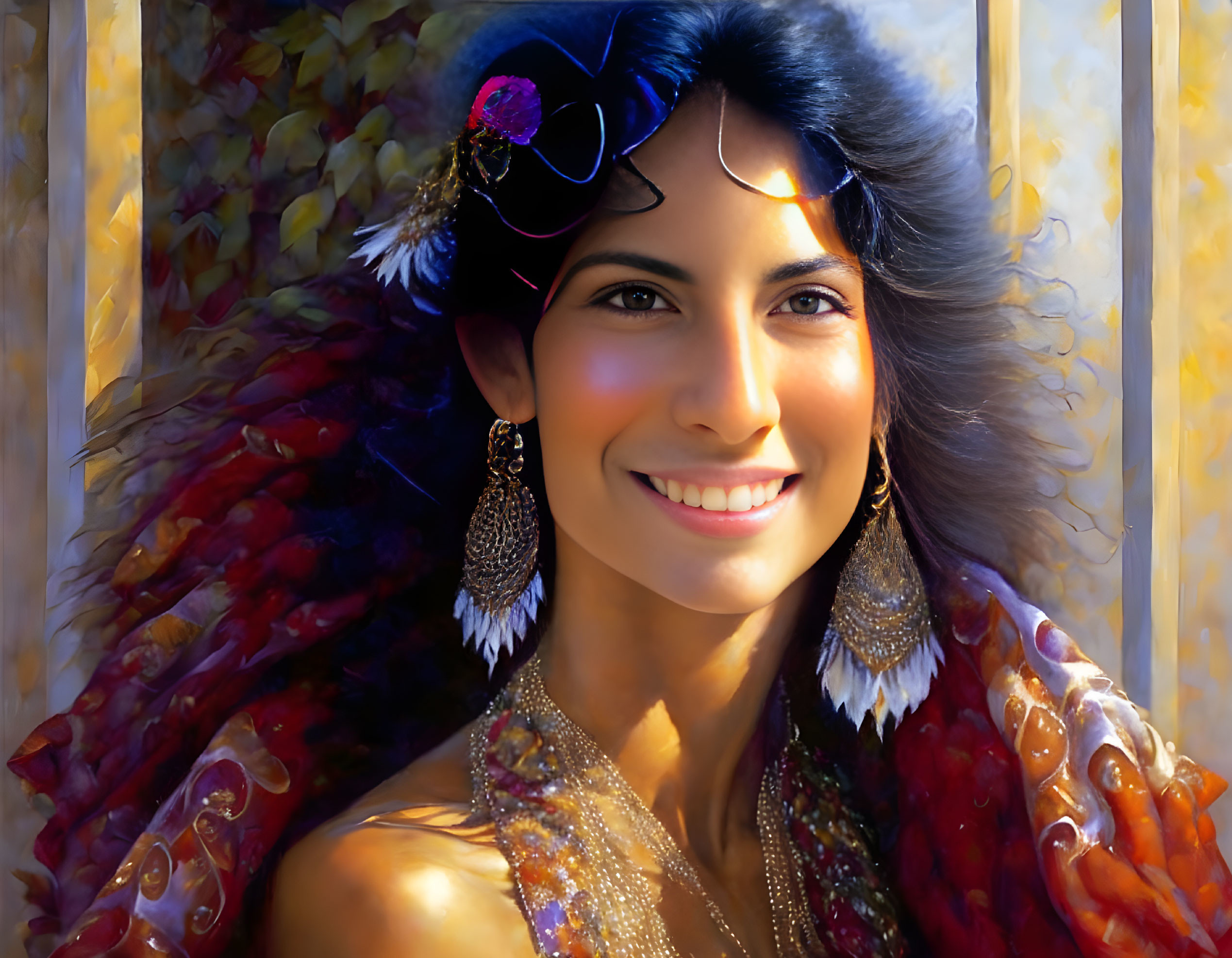 Smiling woman with decorative headpiece and vibrant colors