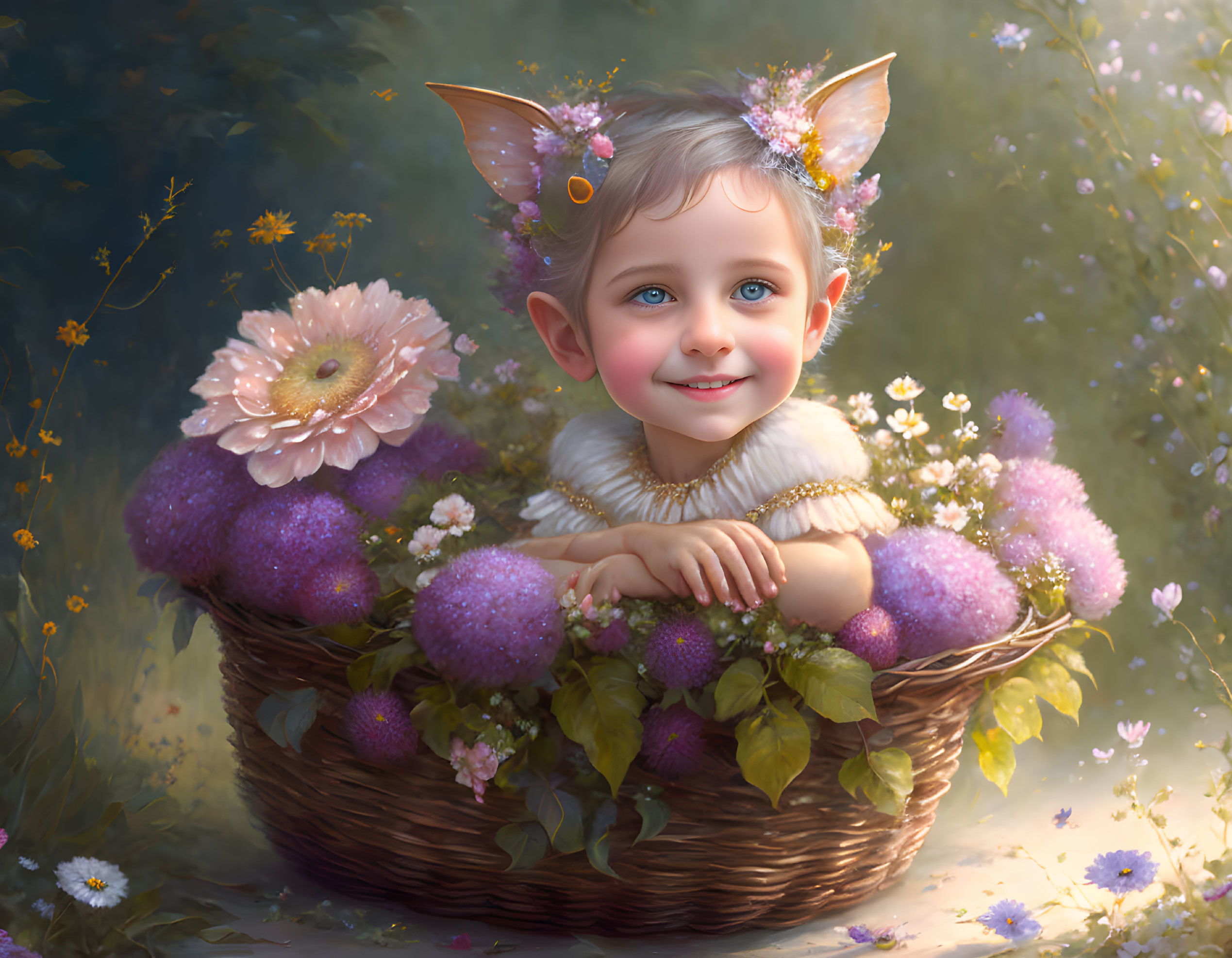 Smiling child with fairy ears in floral crown among purple flowers