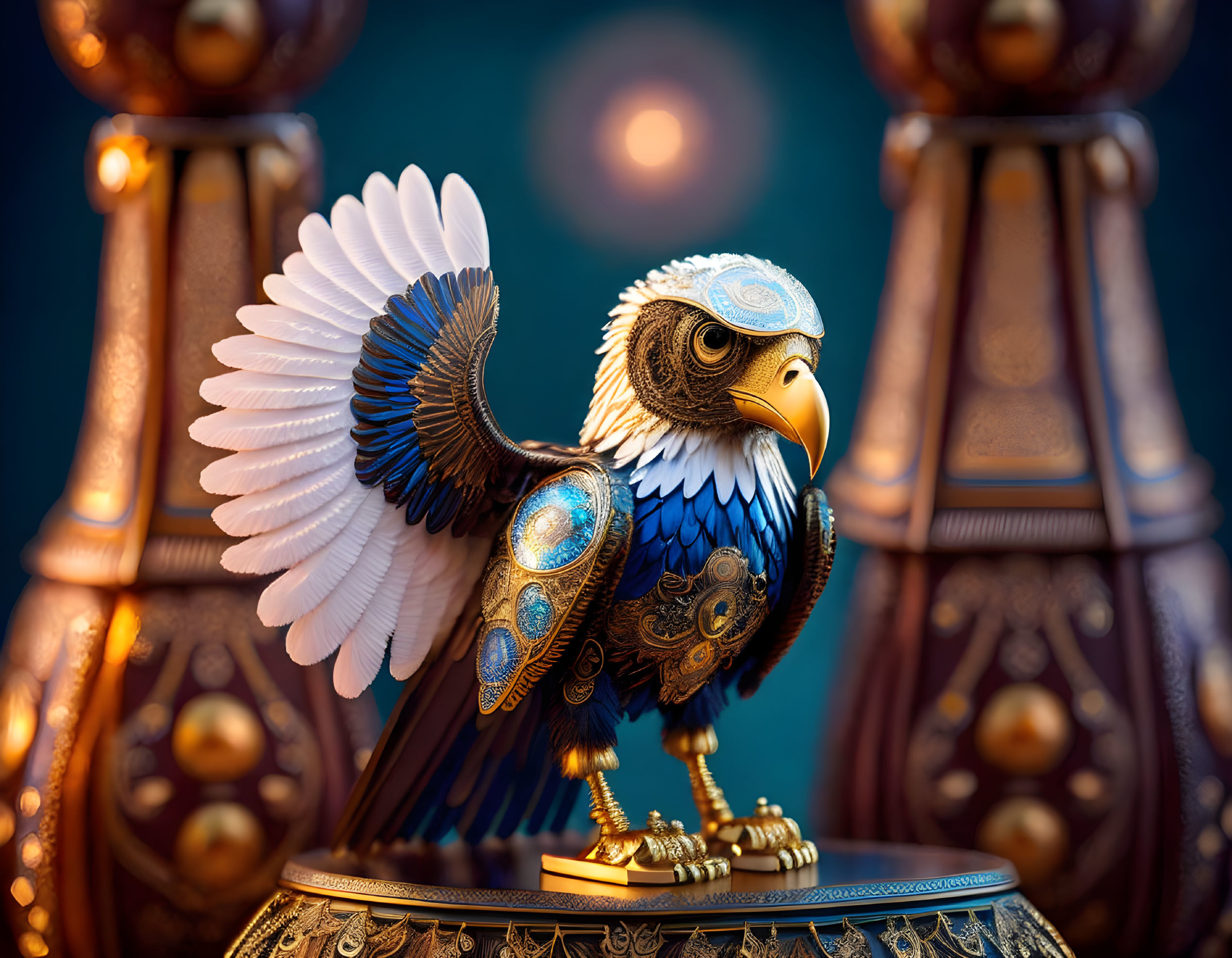 Detailed eagle artwork with gold and blue patterns on chess-themed background