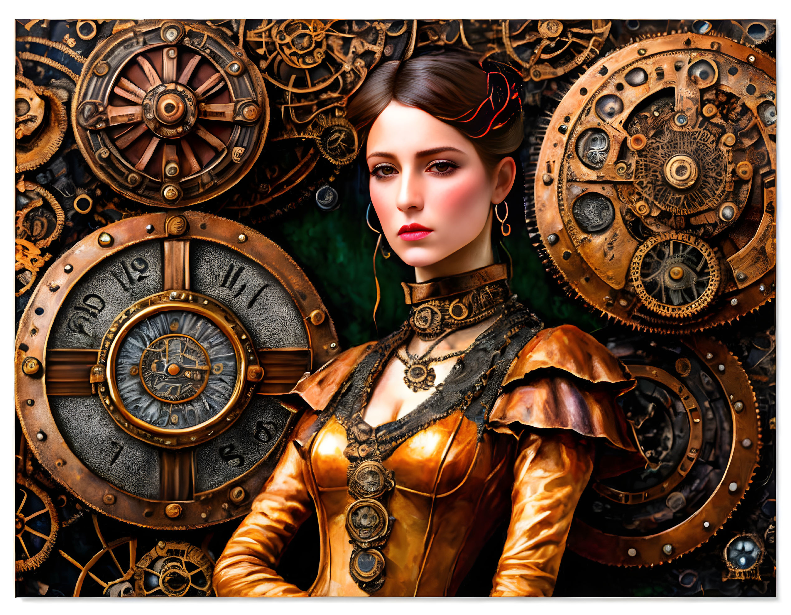 Steampunk-themed woman with cogwheel accessories in front of mechanical gears and clock parts