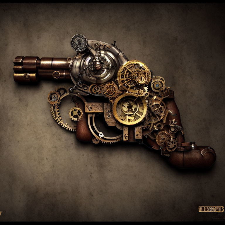 Steampunk-style gun with gears and cogs on dark background