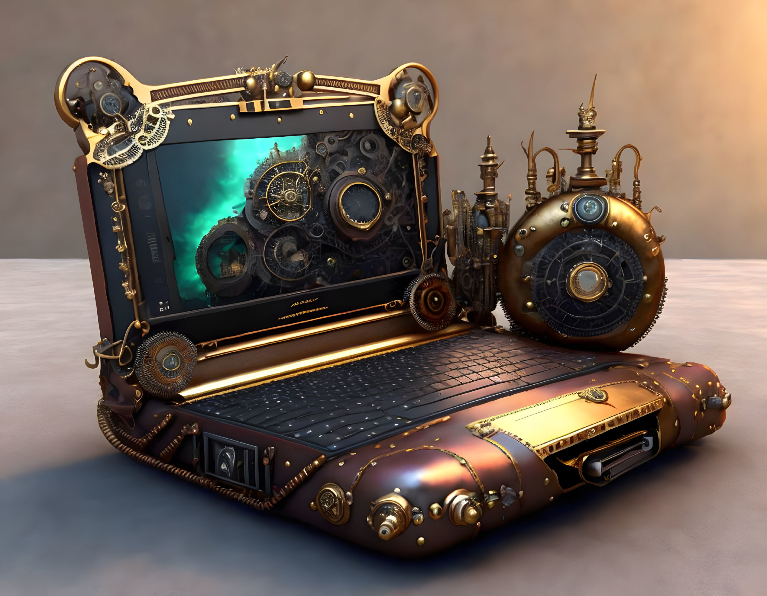 Steampunk-inspired laptop with metallic gears and ornate gold designs.