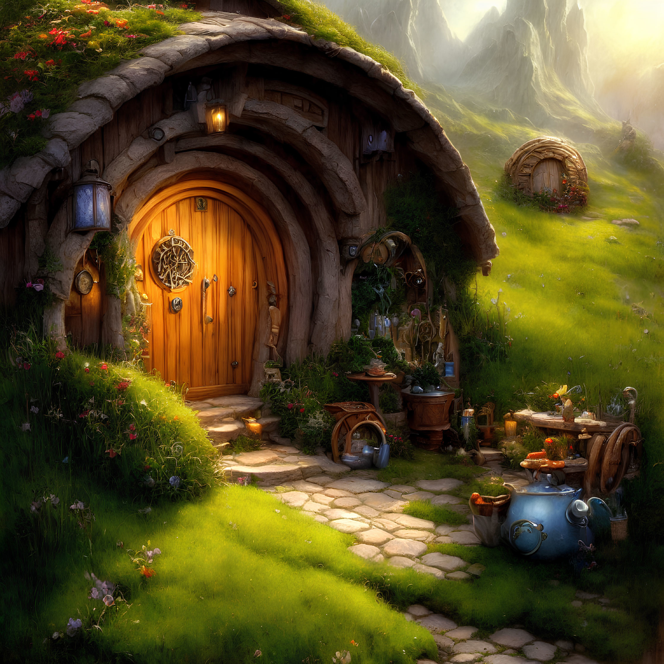 Whimsical hobbit house with round door in lush green hill