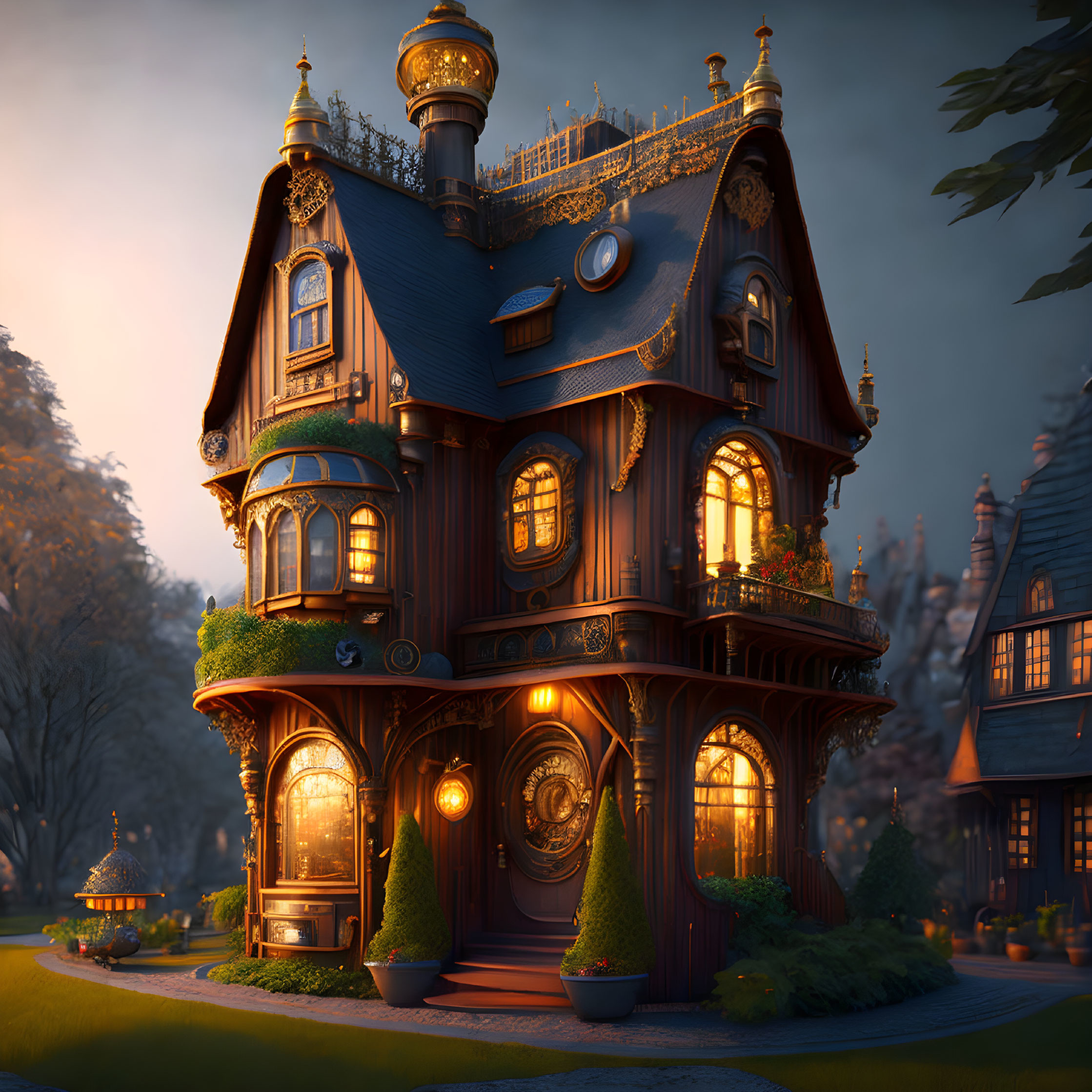 Ornate Wooden House with Rooftop Terrace and Twilight Garden