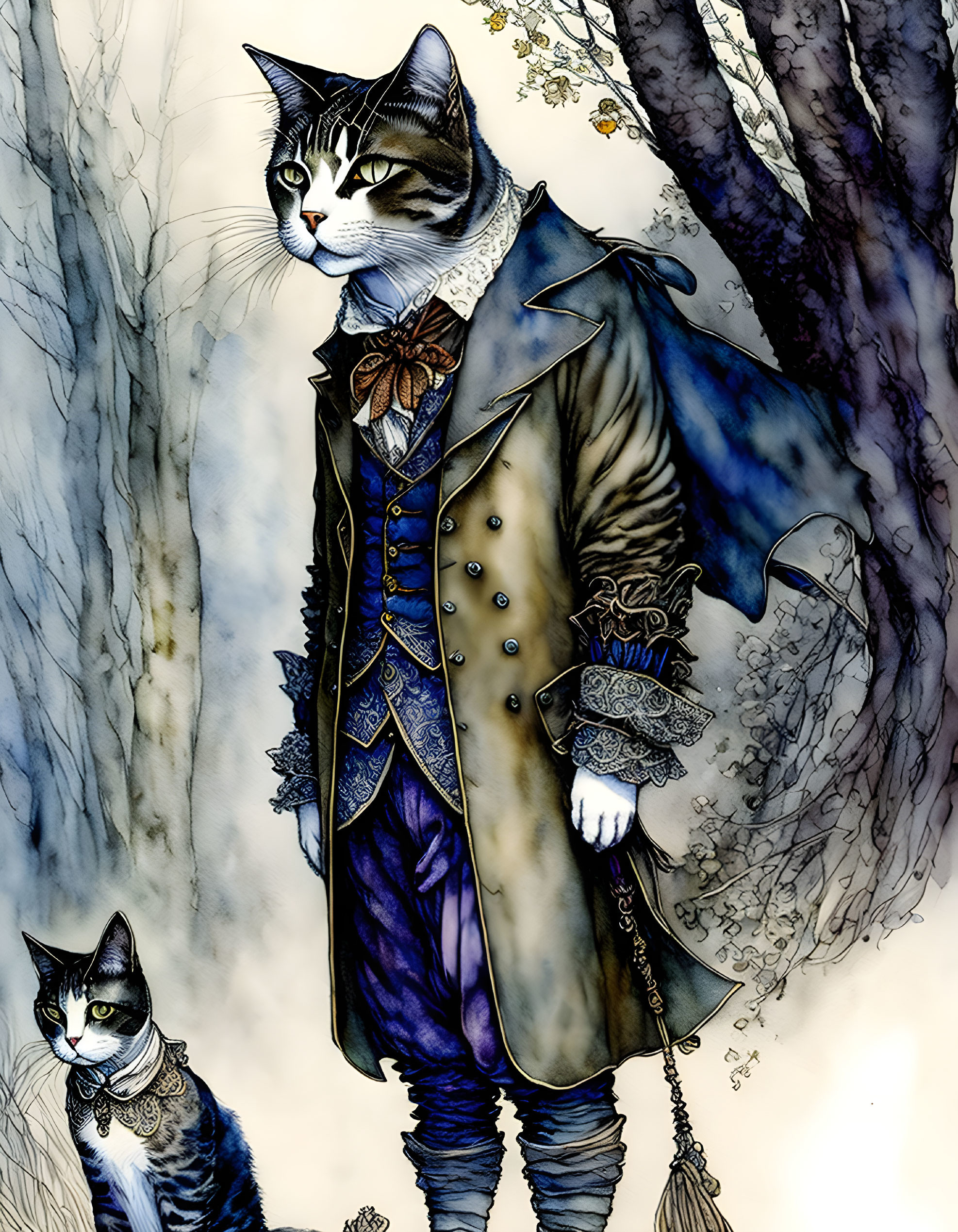 Anthropomorphic cats in regal vintage attire in forest setting