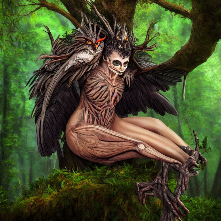 Fantasy humanoid creature with bird-like features in lush forest setting