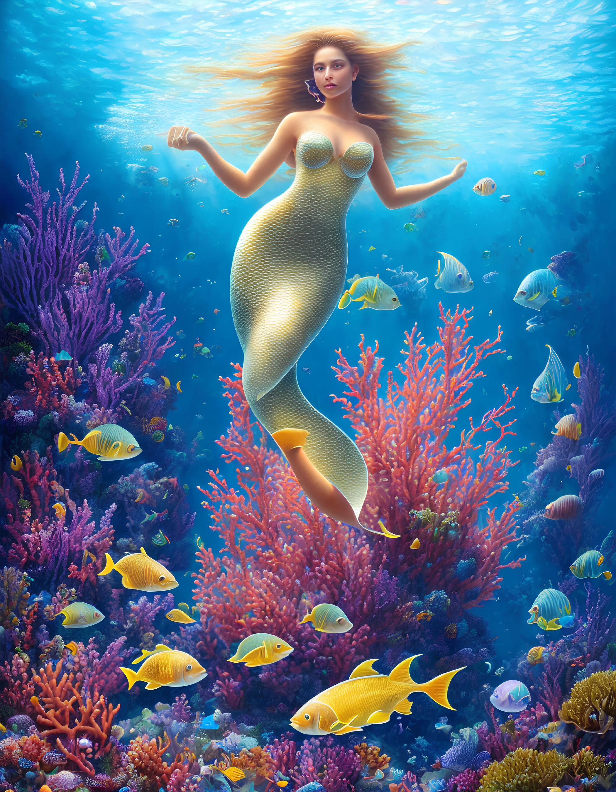 Mermaid with Long Flowing Hair Swimming Near Vibrant Coral Reefs