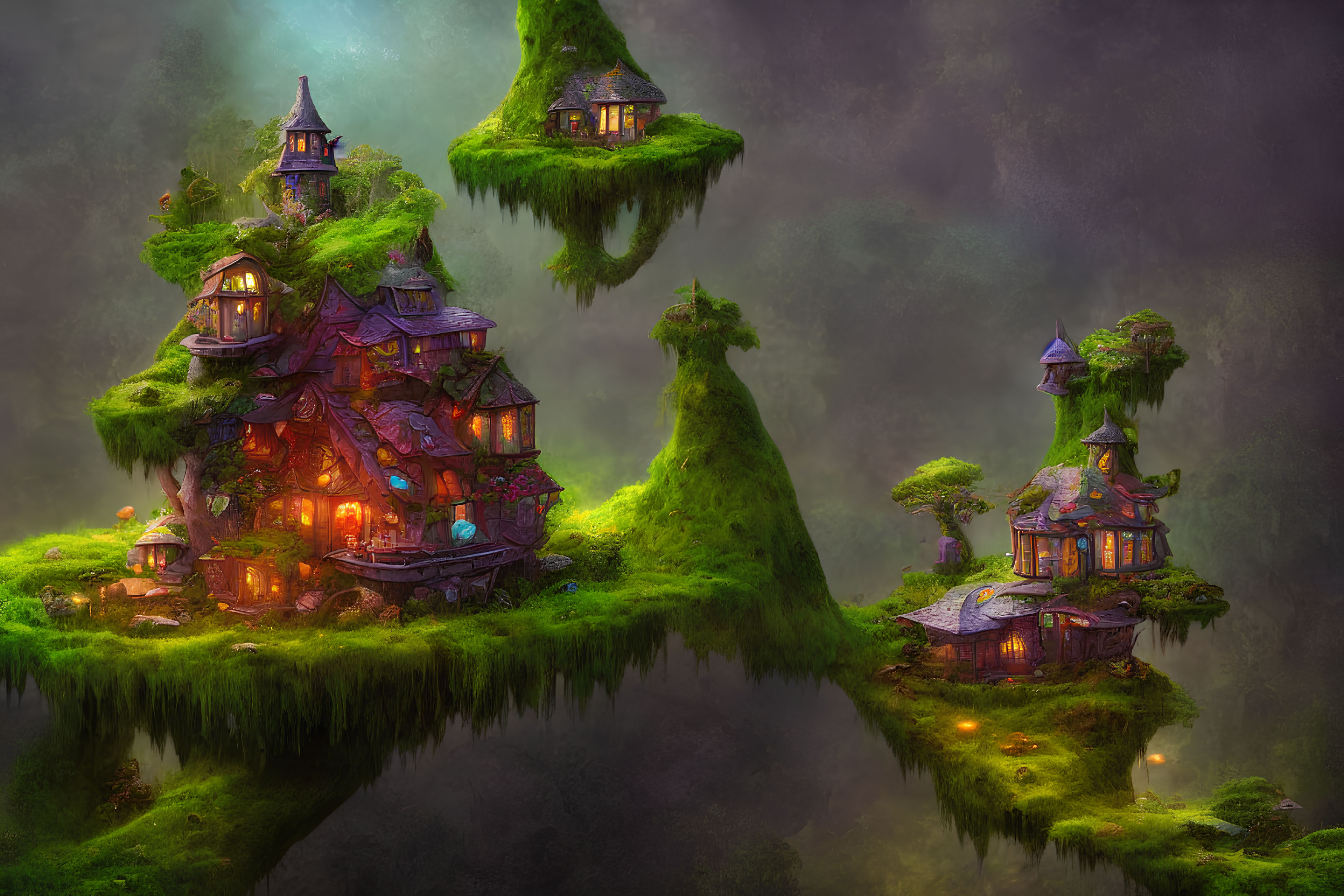 Whimsical houses on lush, glowing floating islands