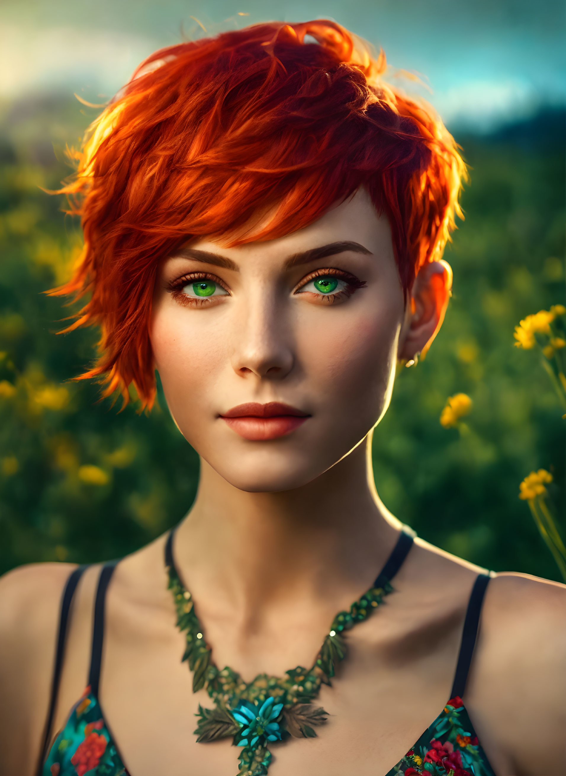 Girl with a realy short red haircut and green eyes