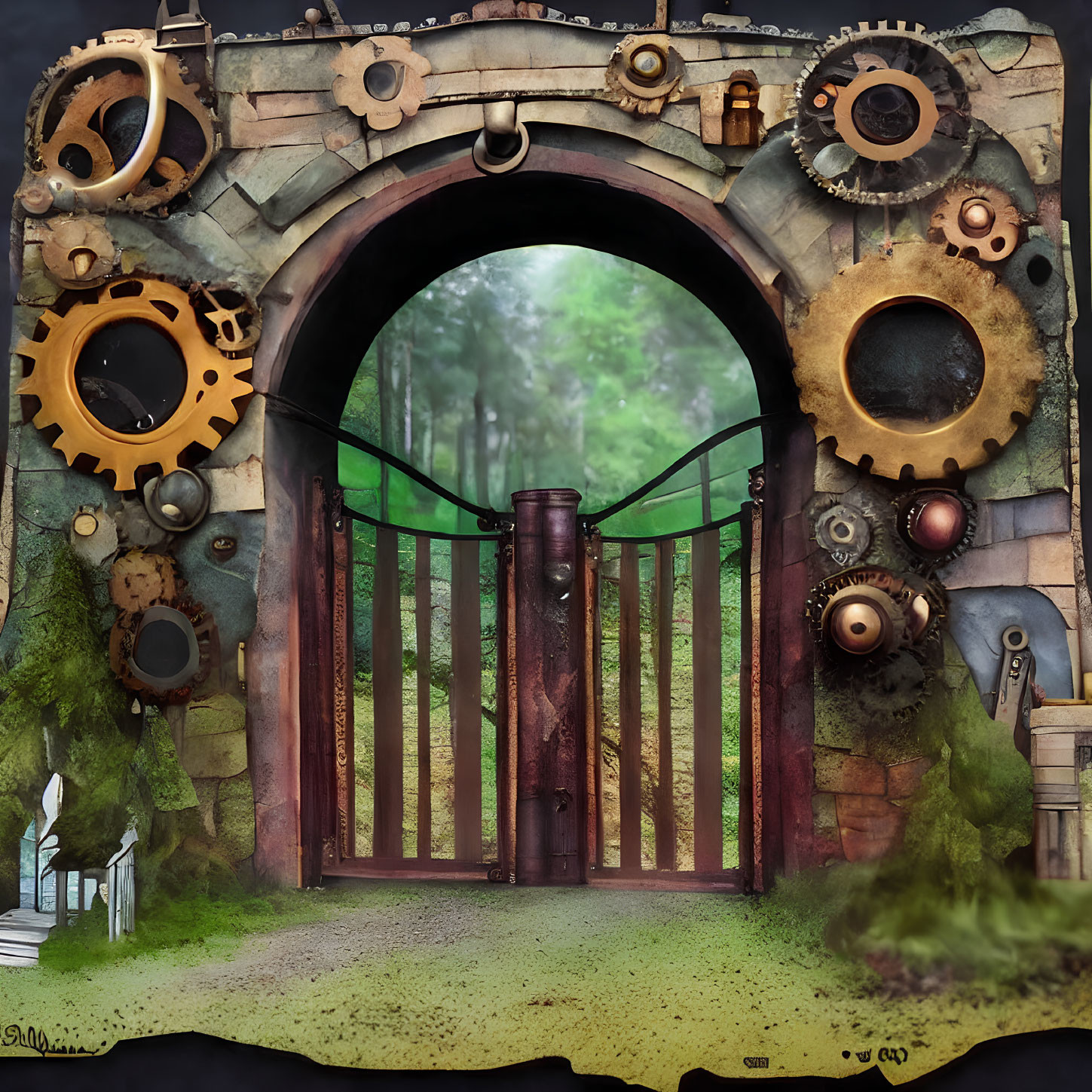 Steampunk-style gate with rustic gears in stone archway opening to forest landscape