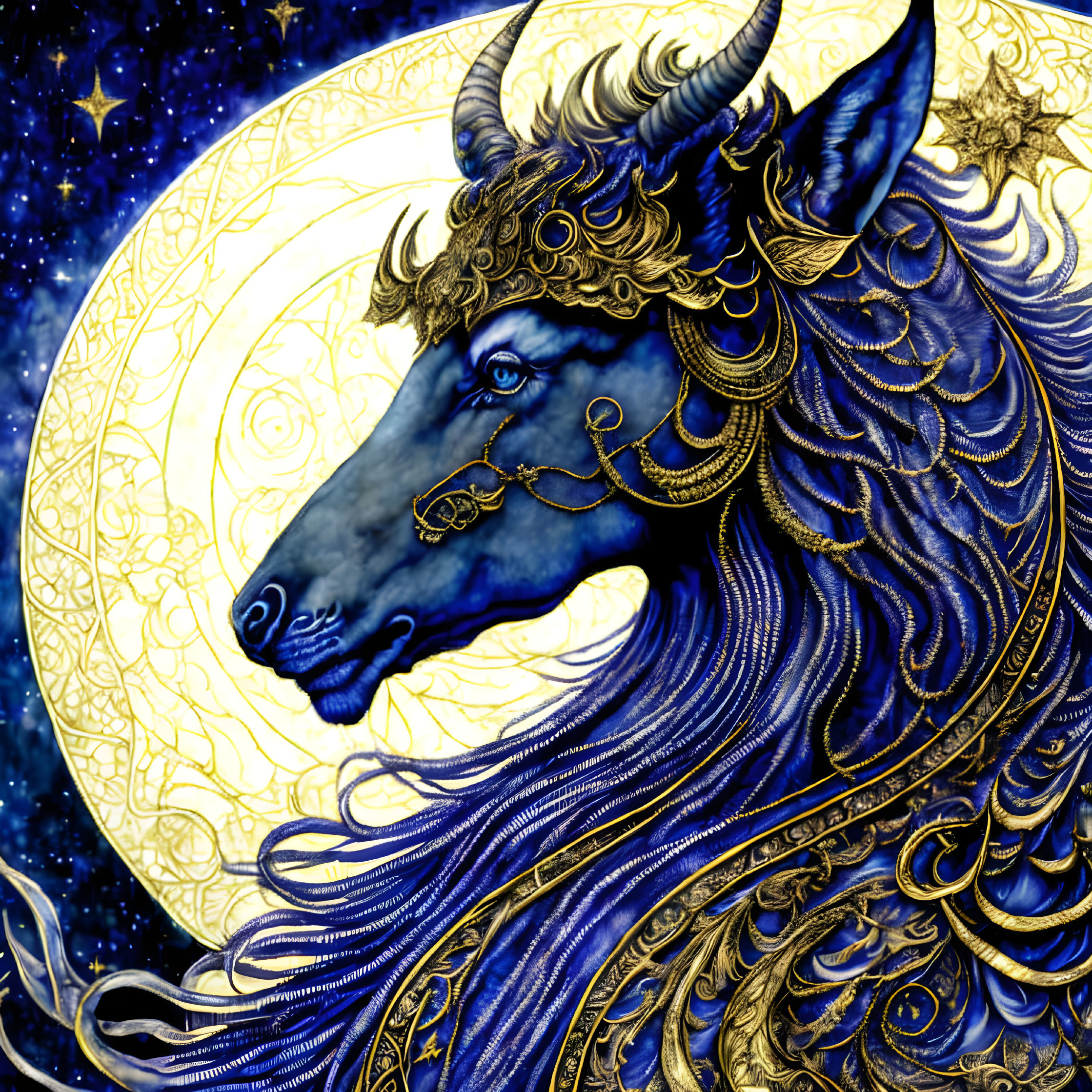 Detailed Blue Bovine Creature Illustration with Golden Adornments on Starry Night Sky