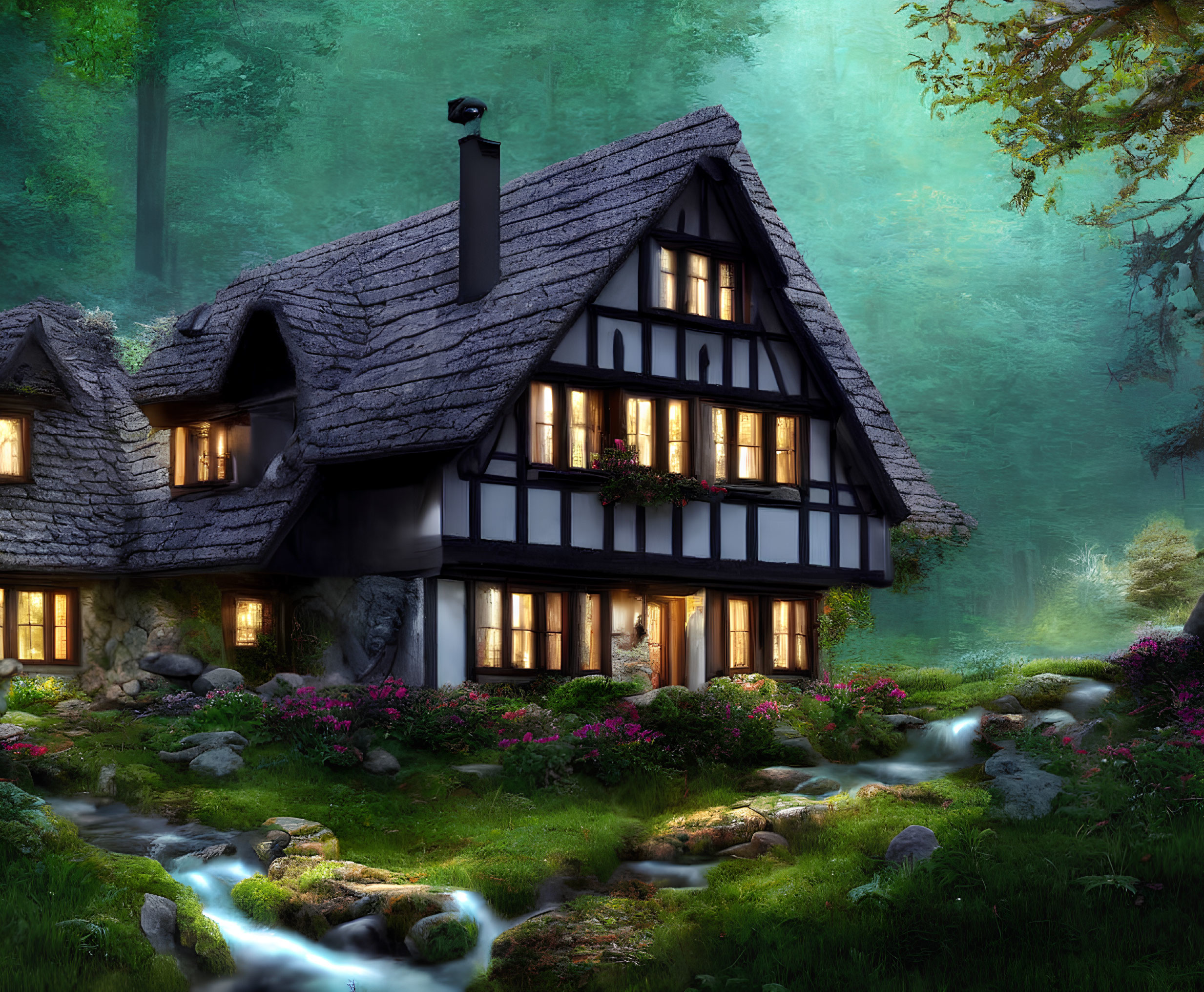 Enchanted forest cottage with babbling brook & lush greenery