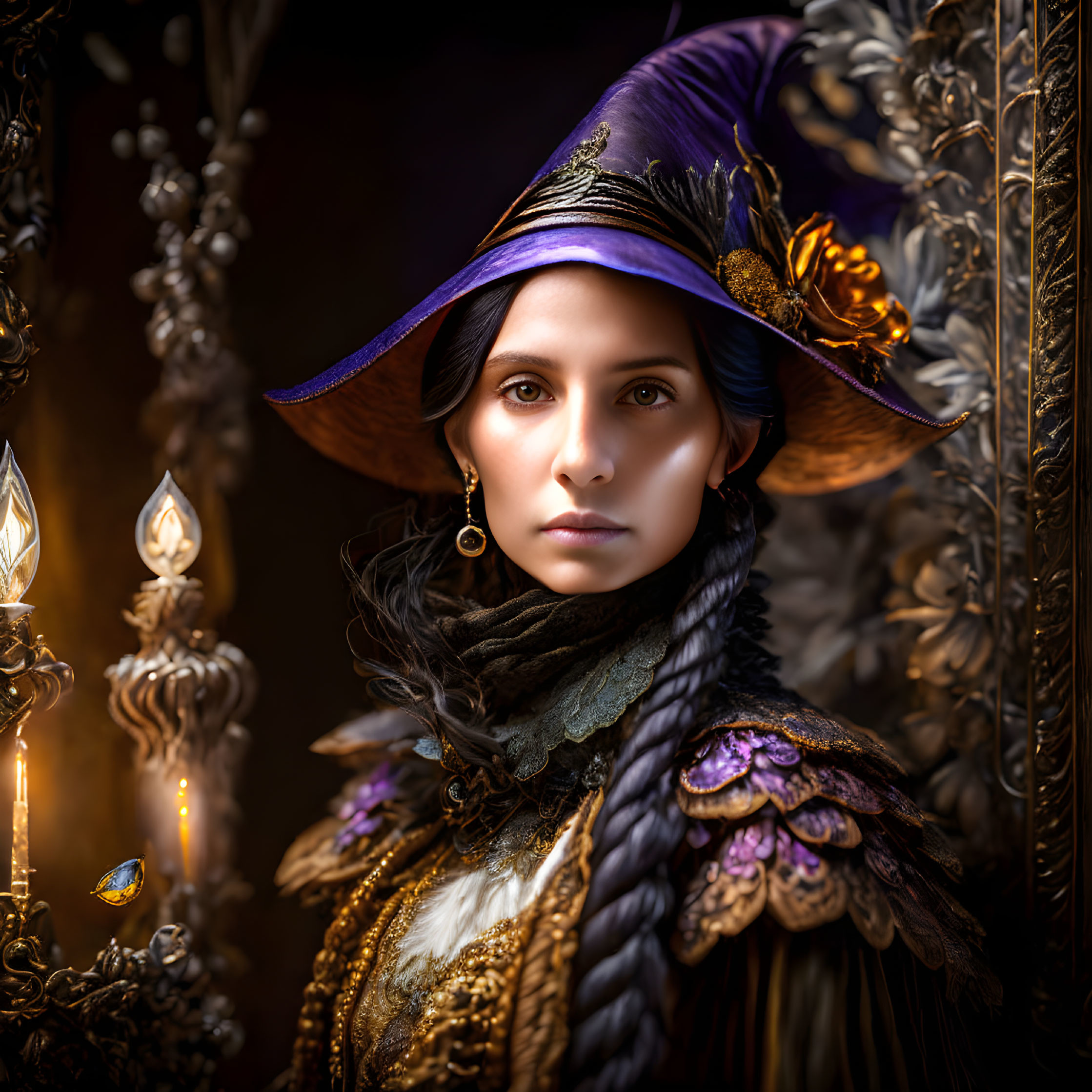 Woman in Plumed Purple Hat and Renaissance-Inspired Dress Surrounded by Candles