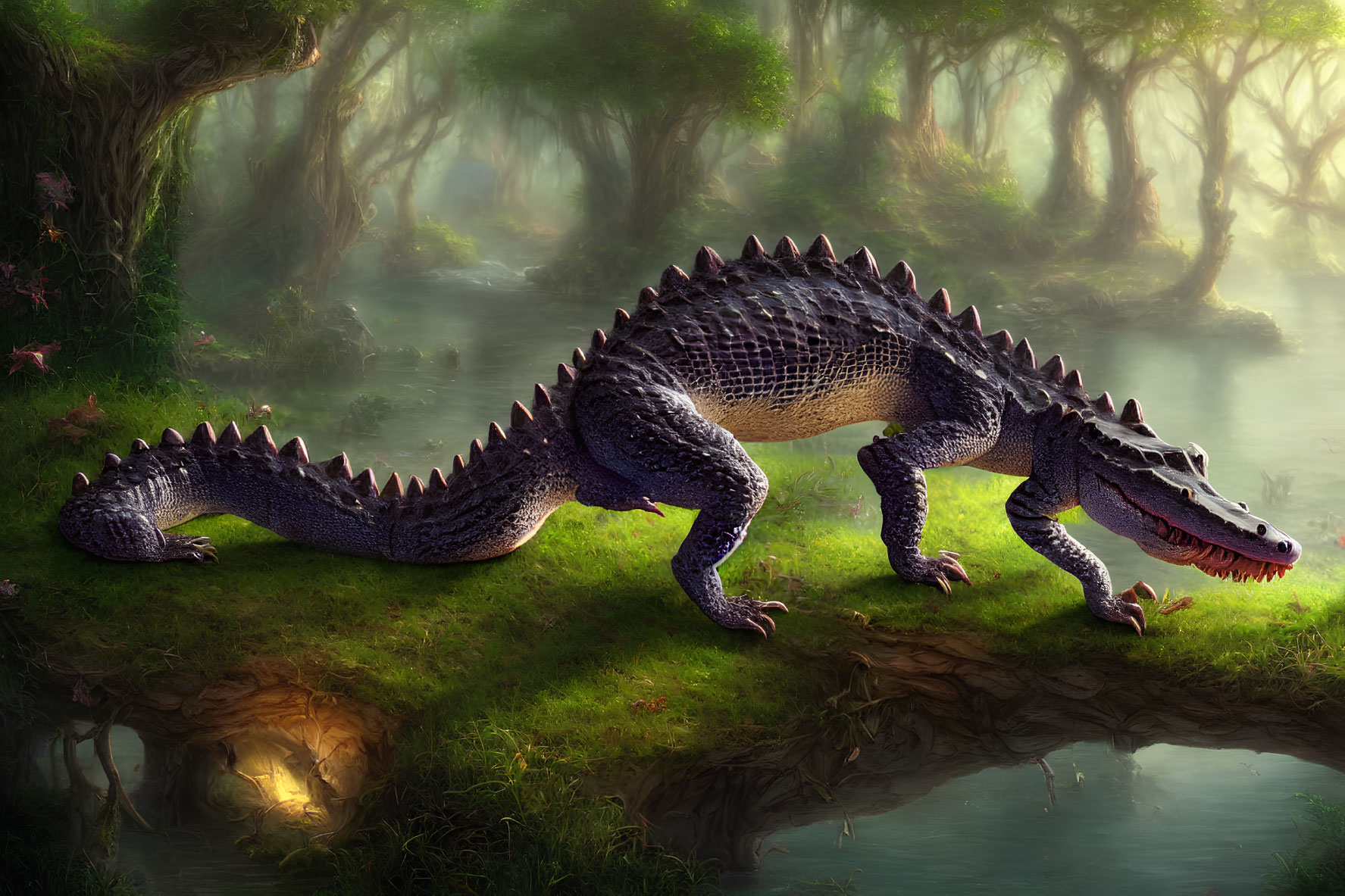 Detailed Crocodile Illustration in Lush Riverside Setting