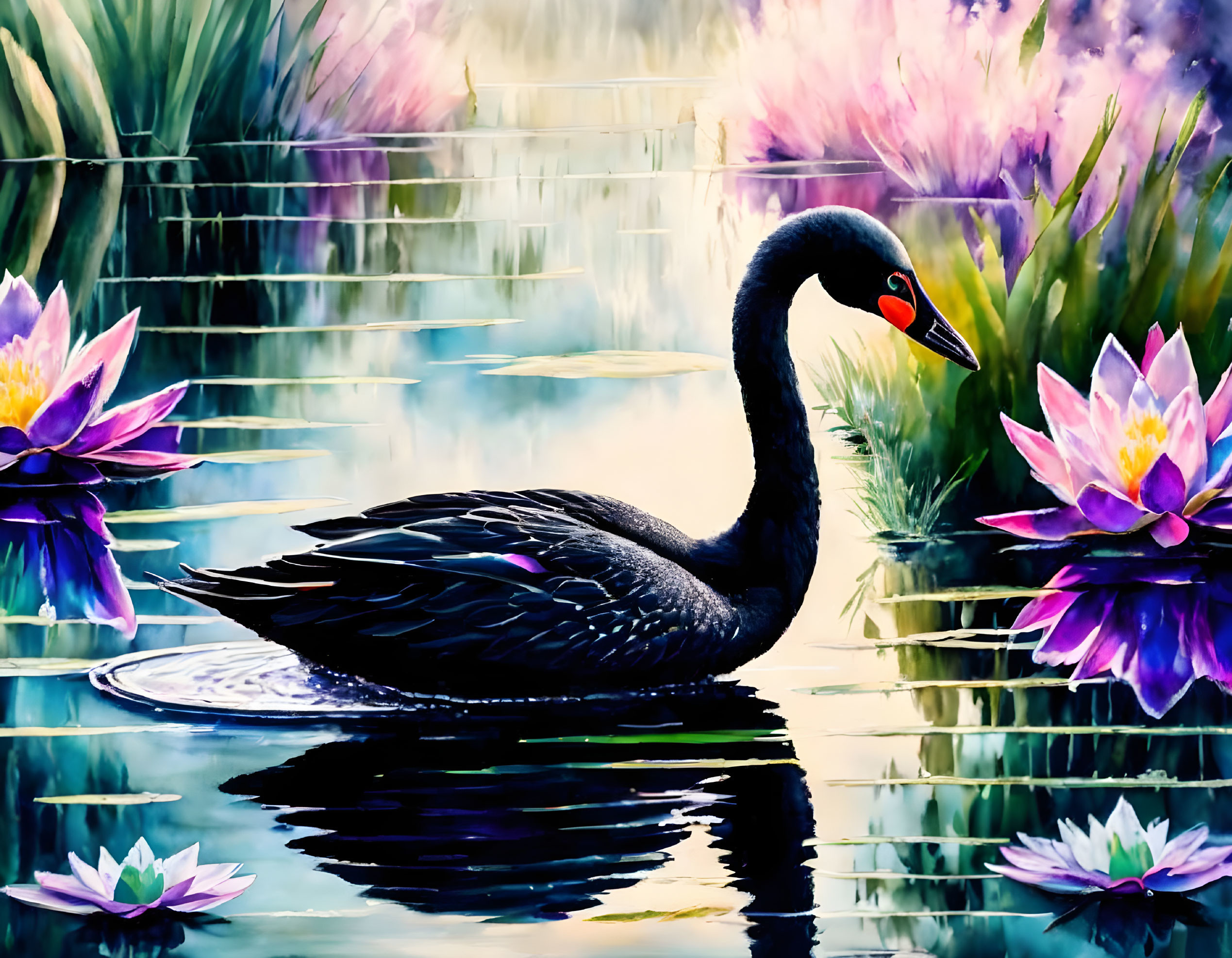 Black swan and some water lilies