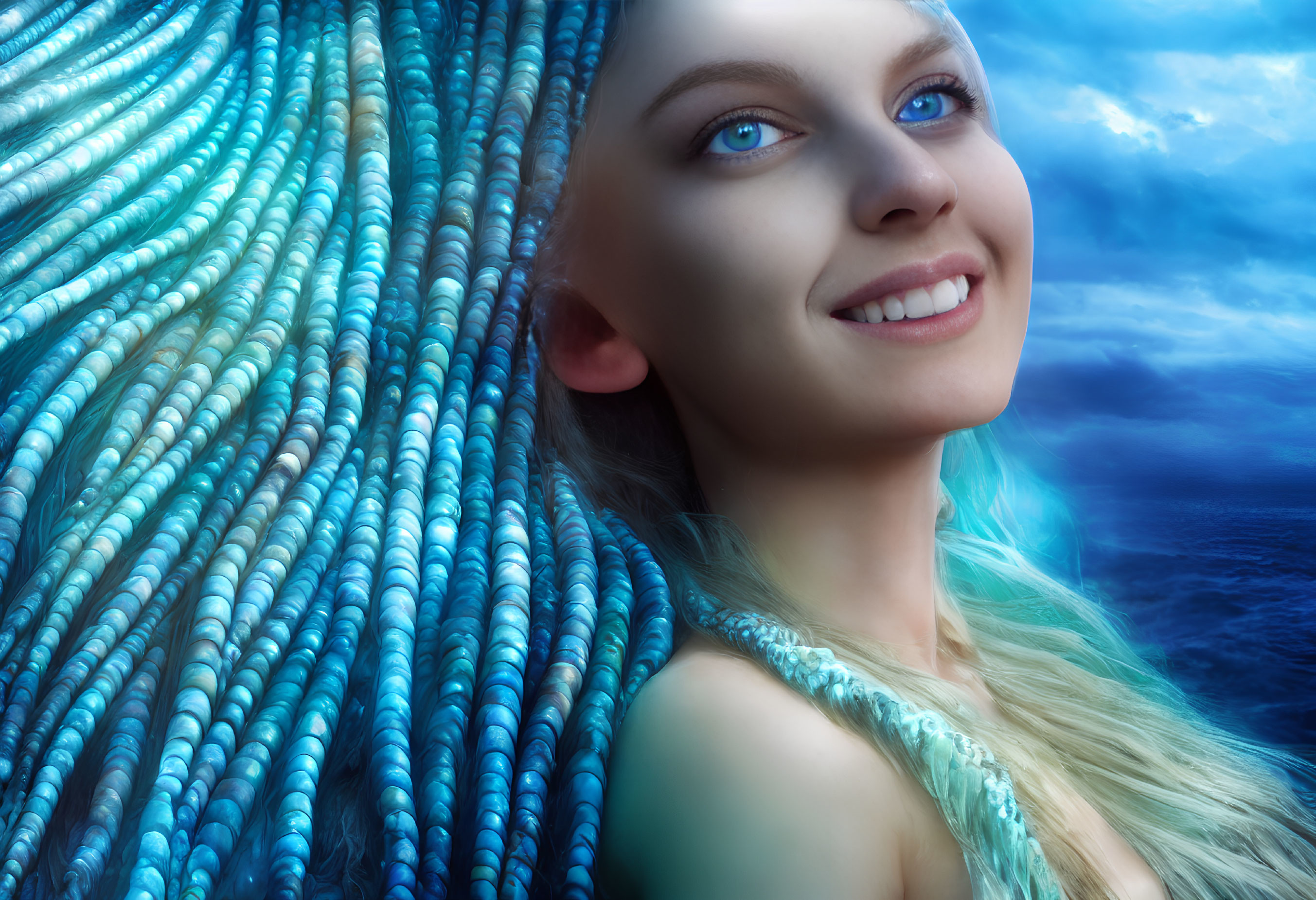 Blue-eyed woman with intricate braided blue hair in serene ocean setting