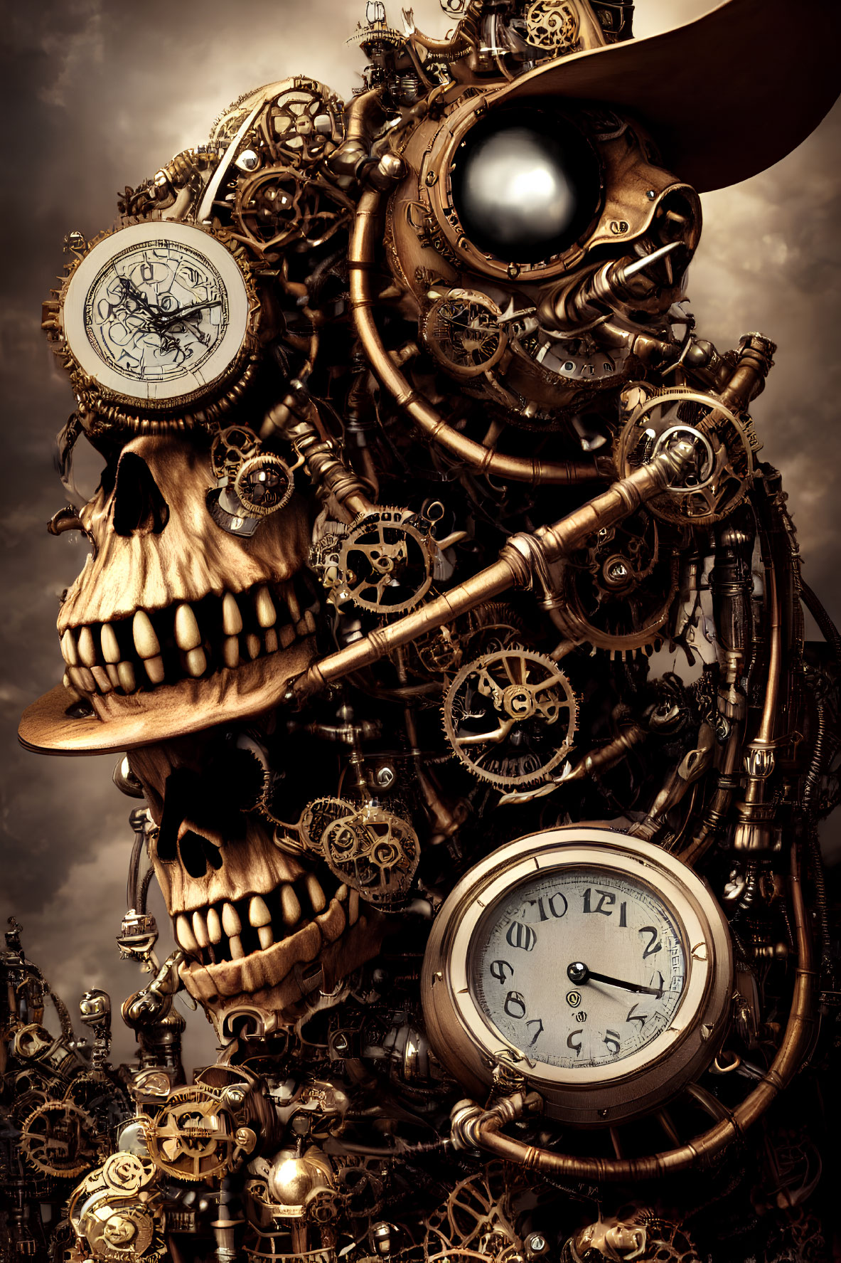 Steampunk-themed composition with skull, cogs, gears, clocks, and mechanical elements in vintage