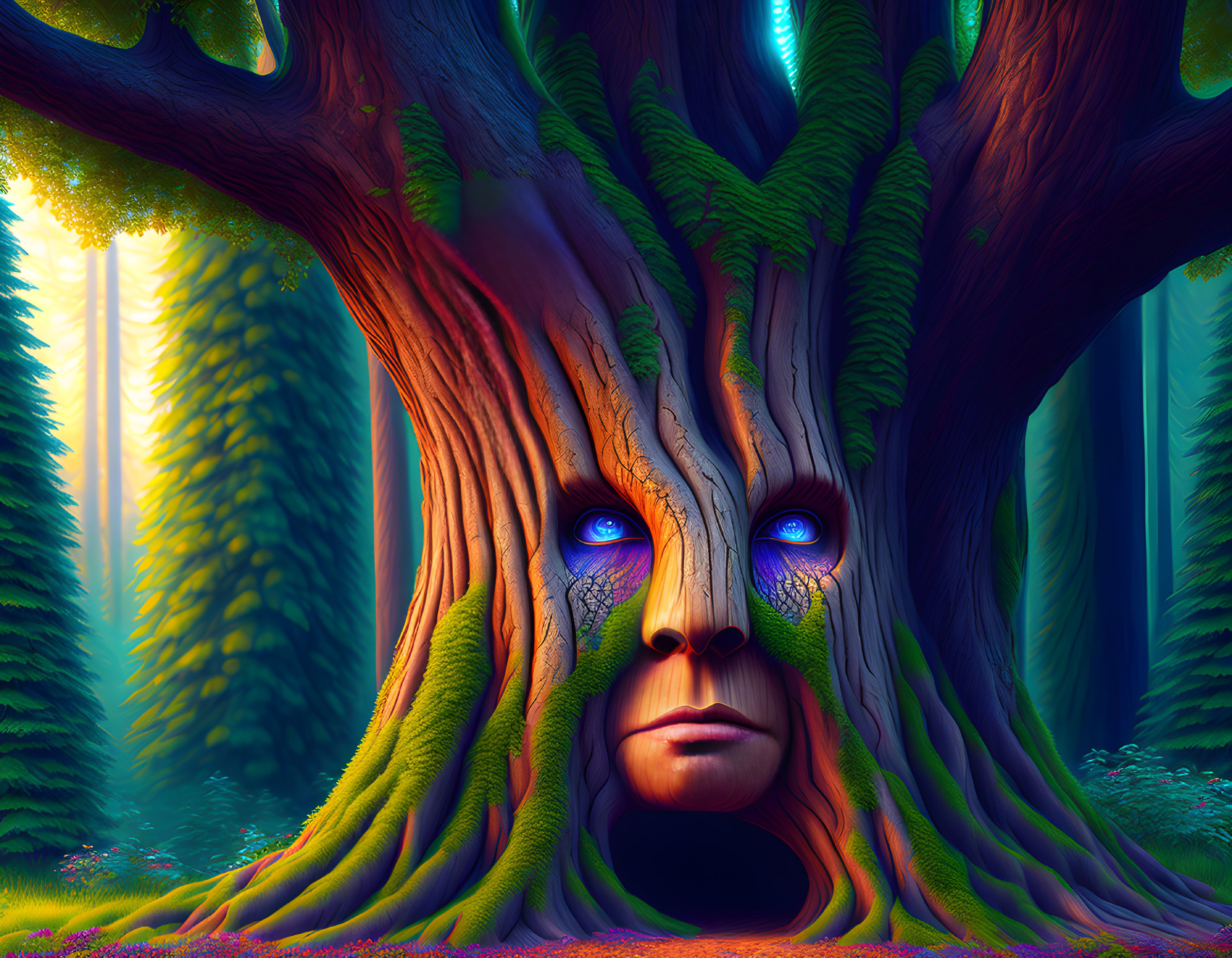 Enchanted forest scene with large tree and human-like face