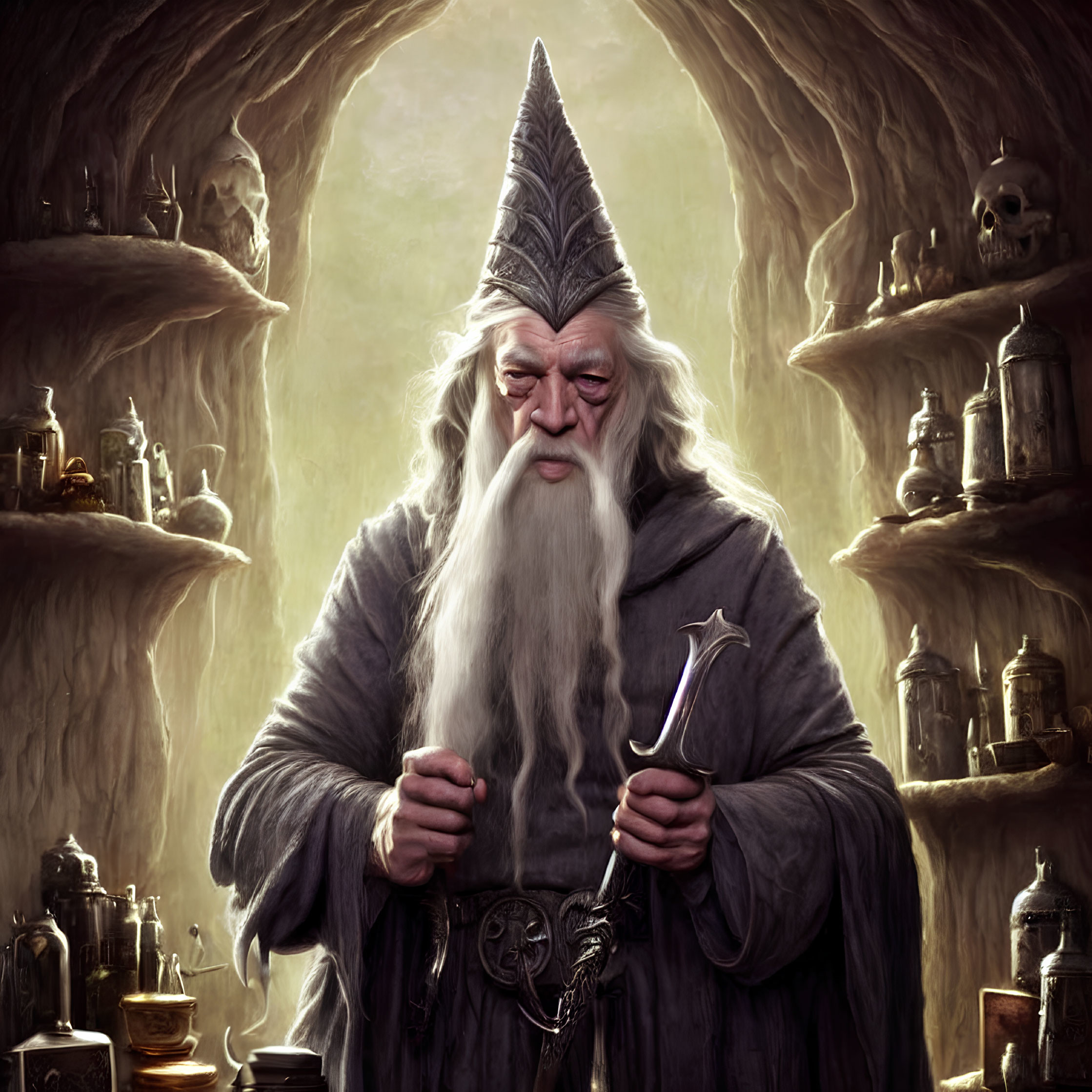 Elderly wizard with white beard in cave with skulls and potions