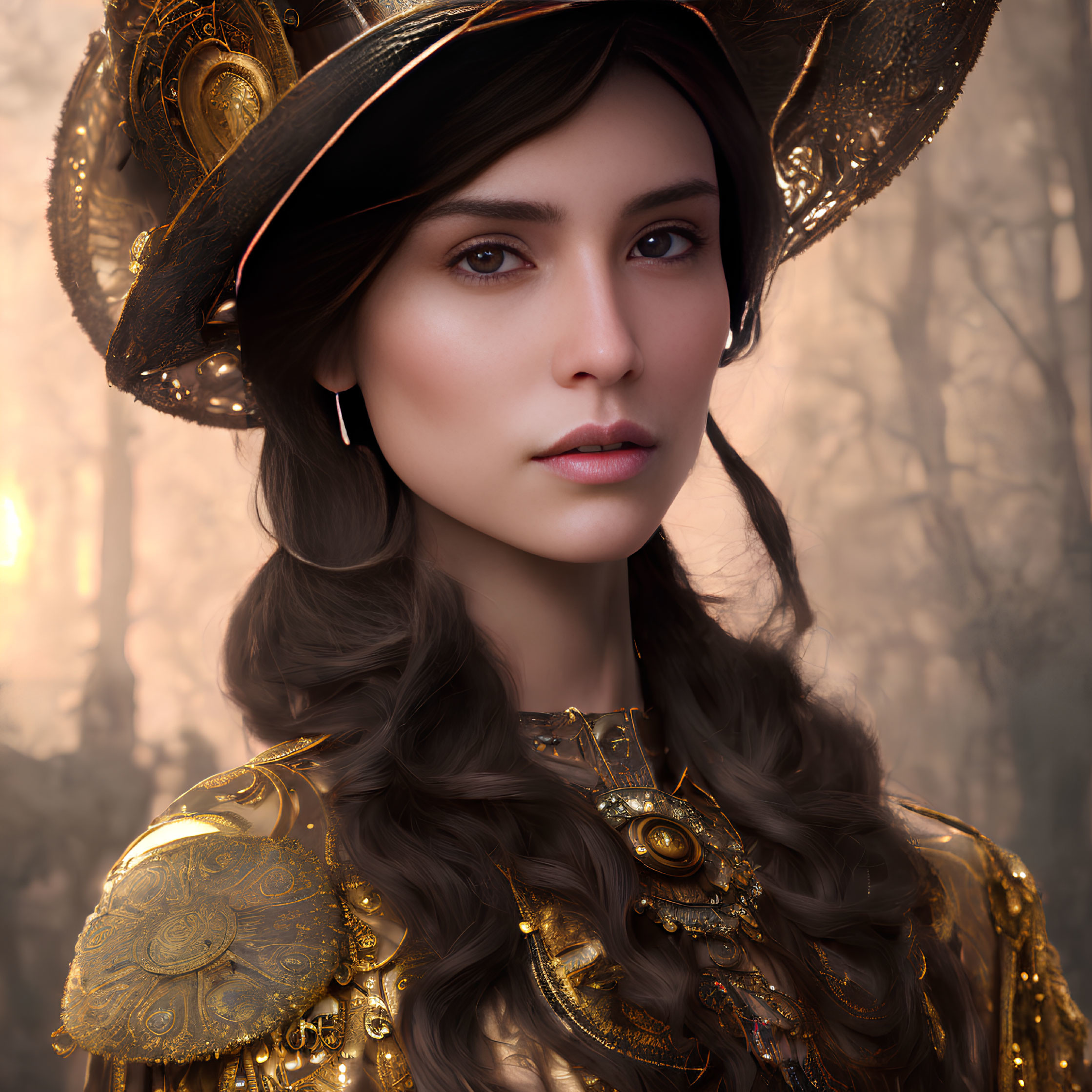 Woman in Golden Armor and Ornate Hat in Misty Forest