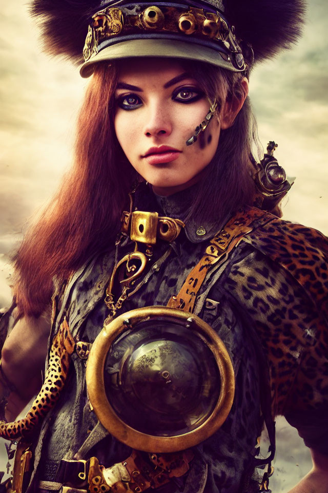 Steampunk-themed woman in leopard print outfit with brass accessories under cloudy sky