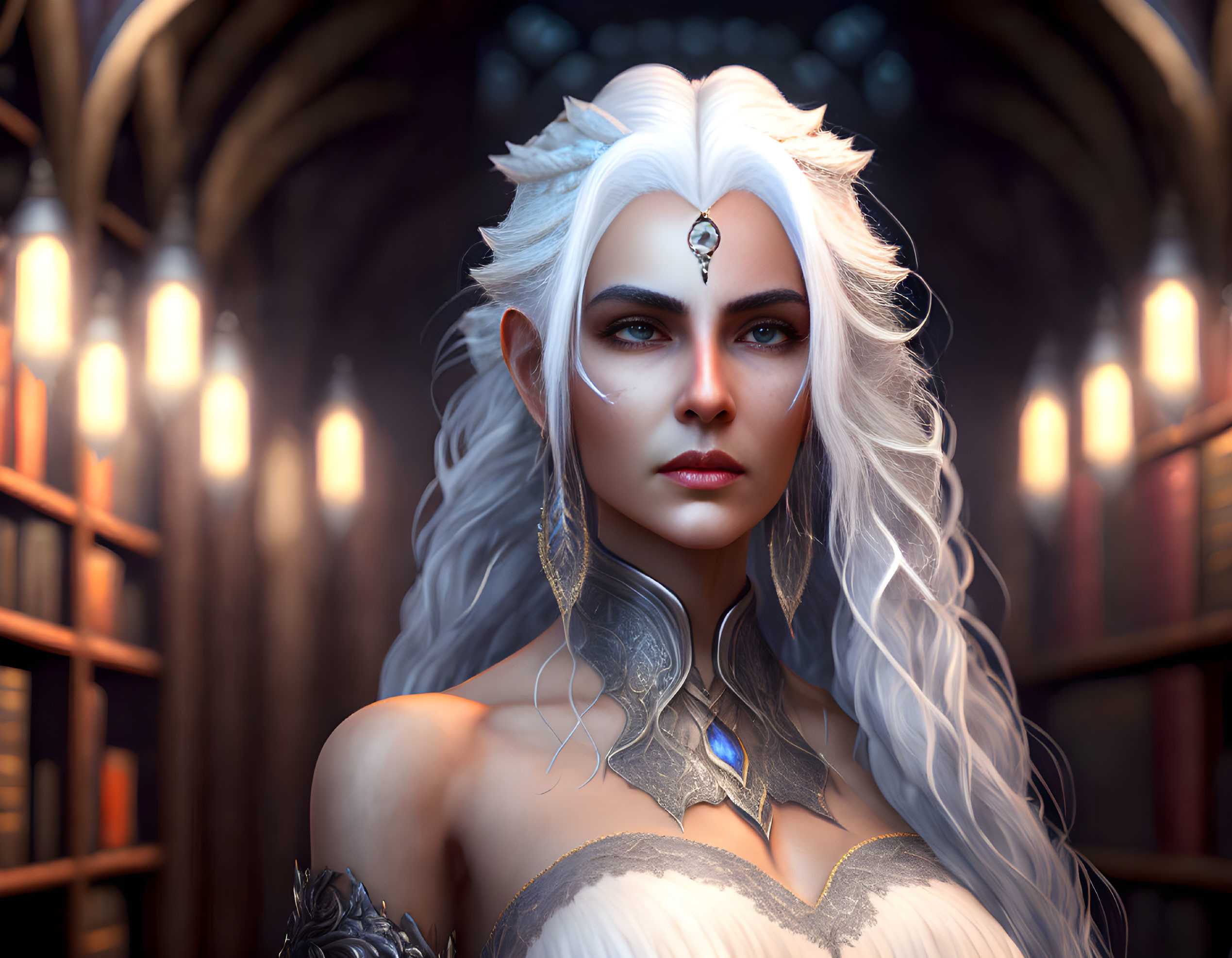 Fantasy female character with white hair, jewel-encrusted crown, and ornate shoulder armor