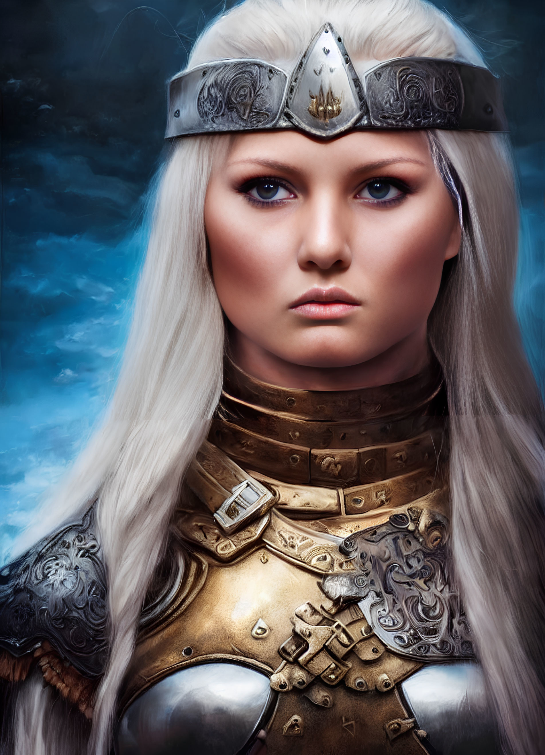 Woman with piercing blue eyes, white hair, metal crown, and medieval armor