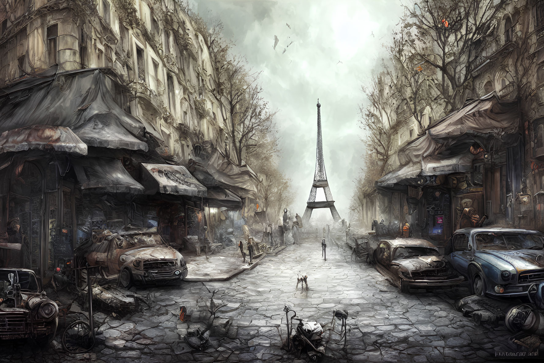 Dystopian Paris scene with Eiffel Tower, dilapidated cars, debris