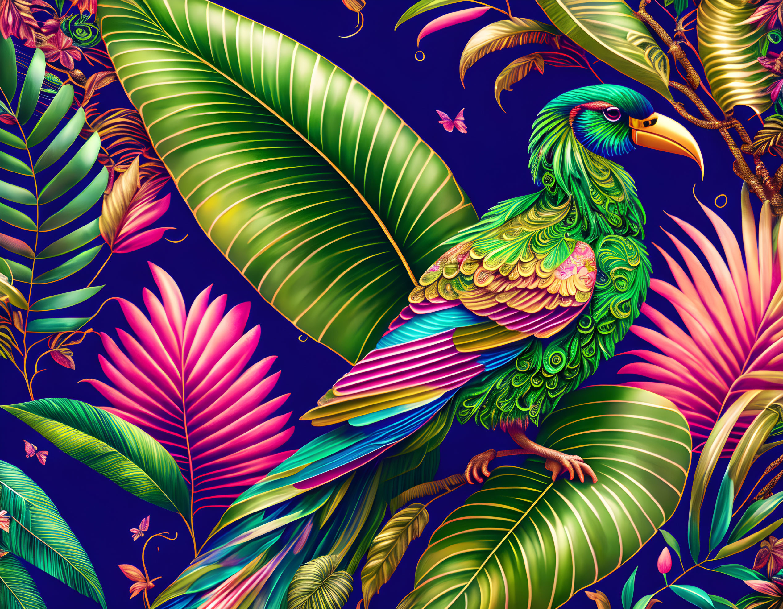 Colorful Parrot in Tropical Foliage with Butterfly: Vibrant Illustration