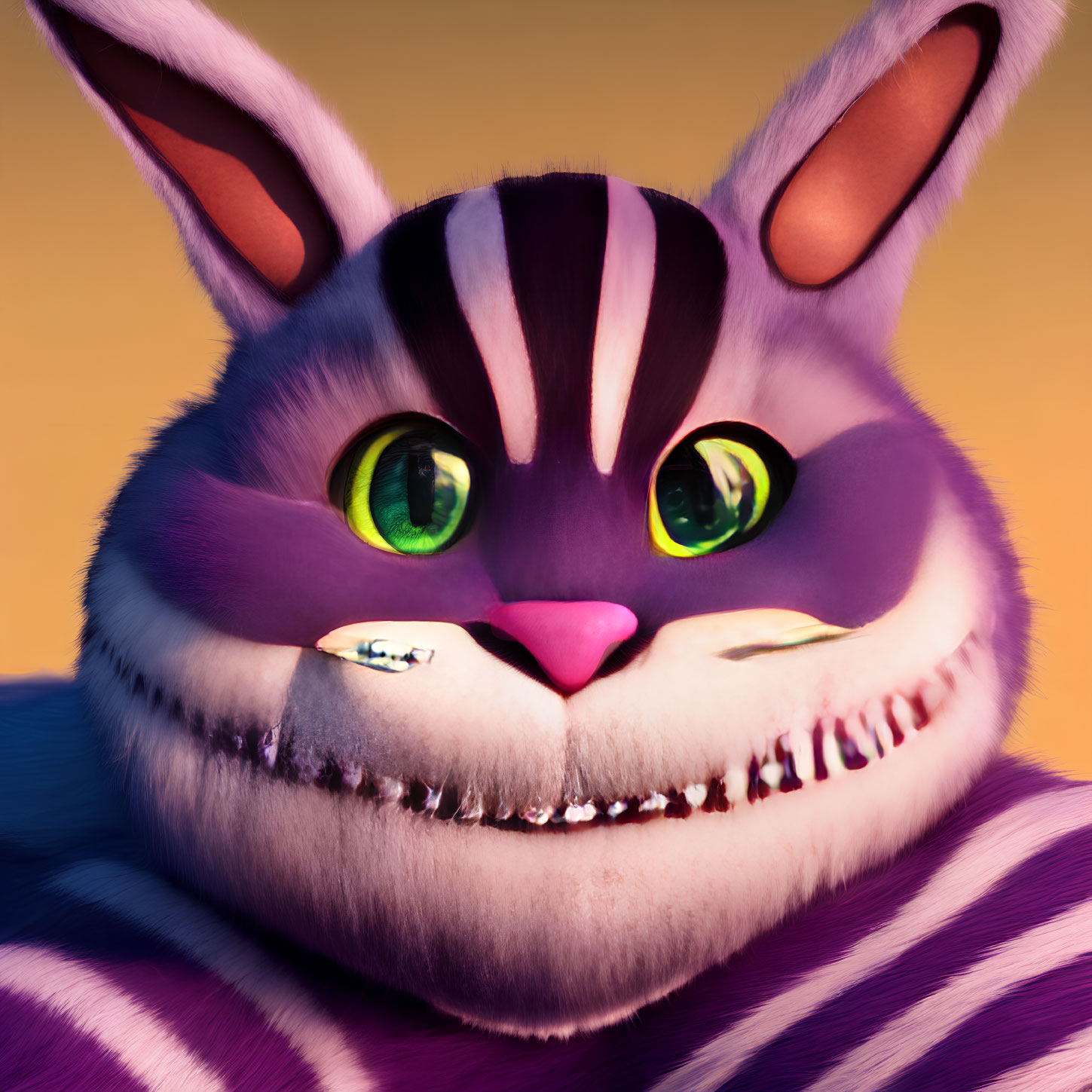 Fantastical purple and white striped cat-like creature with intense green eyes and sharp teeth