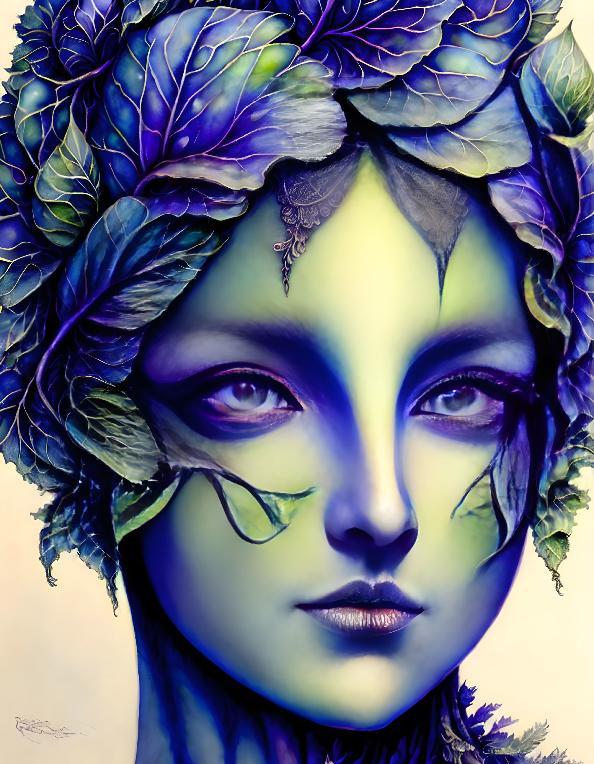 Illustrated female figure with purple skin and leaf hair in fantasy art
