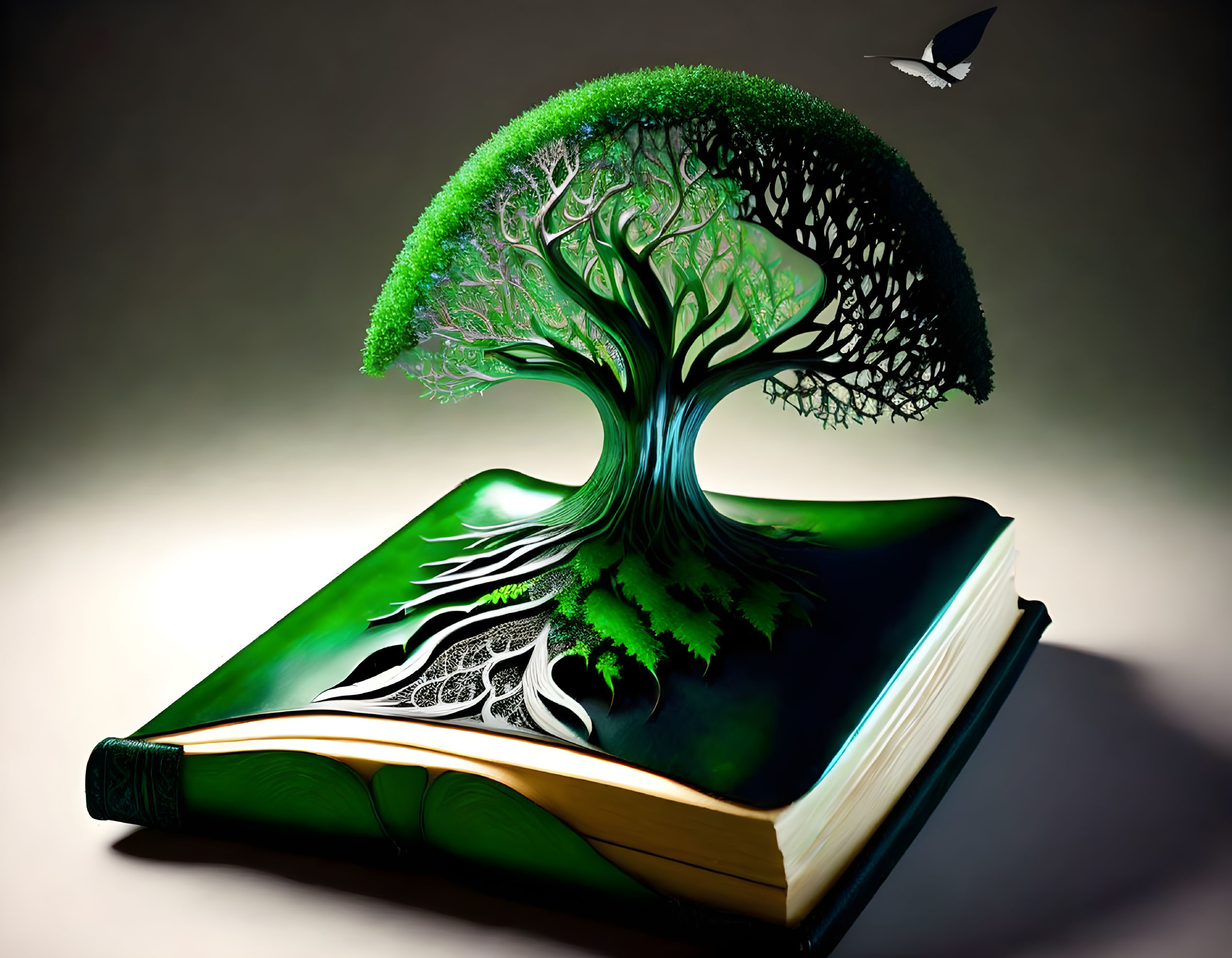 Illustrated book with lush tree, intricate roots, and butterfly illustration