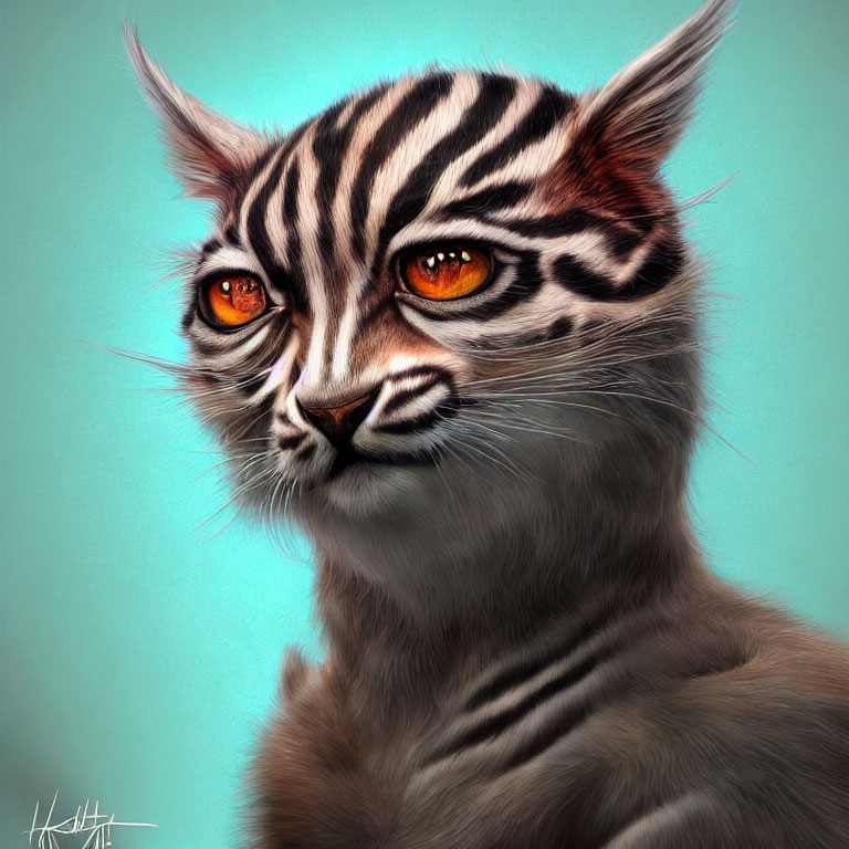 Digital artwork of a fantastical cat-headed creature with intense orange eyes and white tiger stripes.