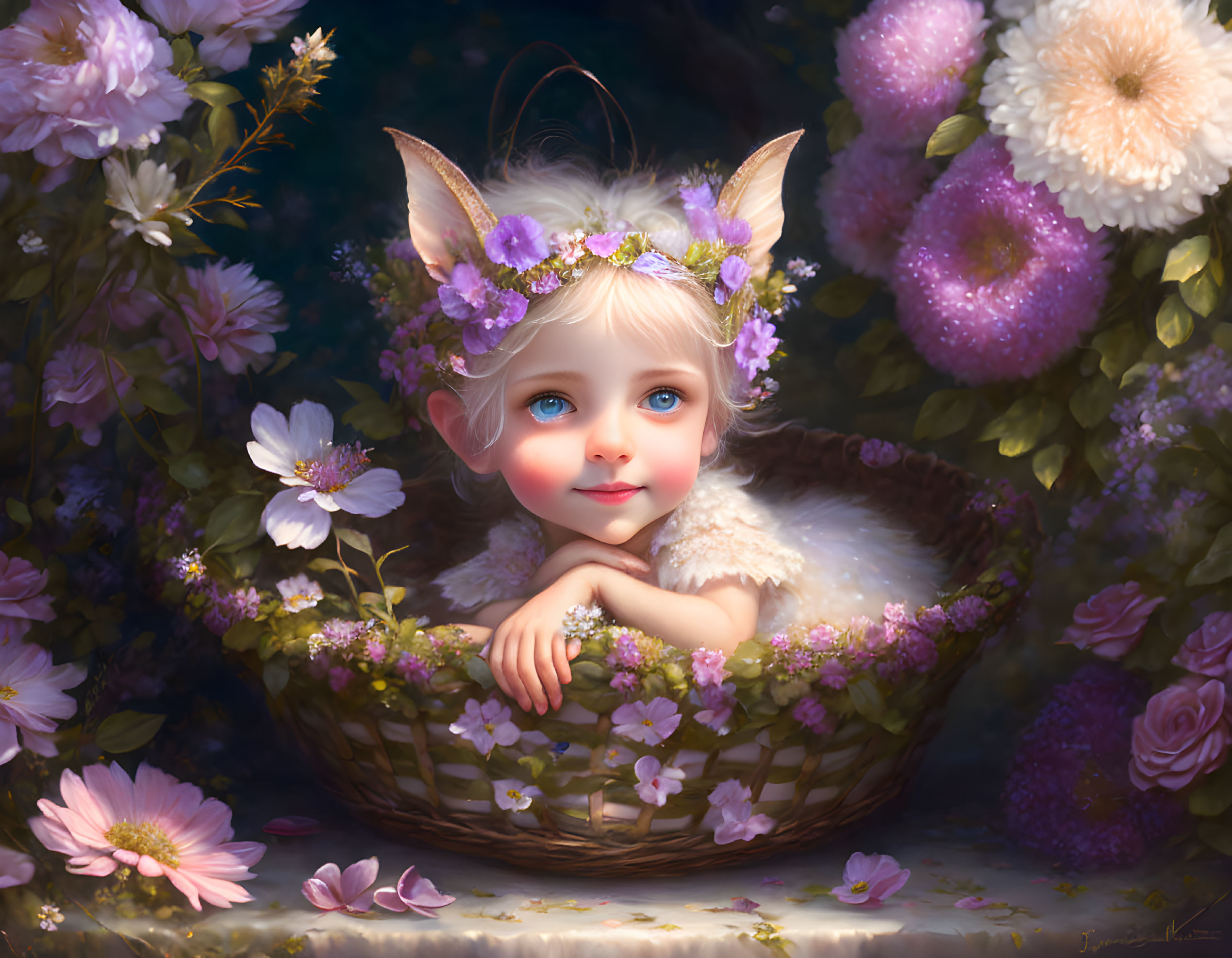 Child with Pointed Ears in Floral Wreath, Surrounded by Flowers